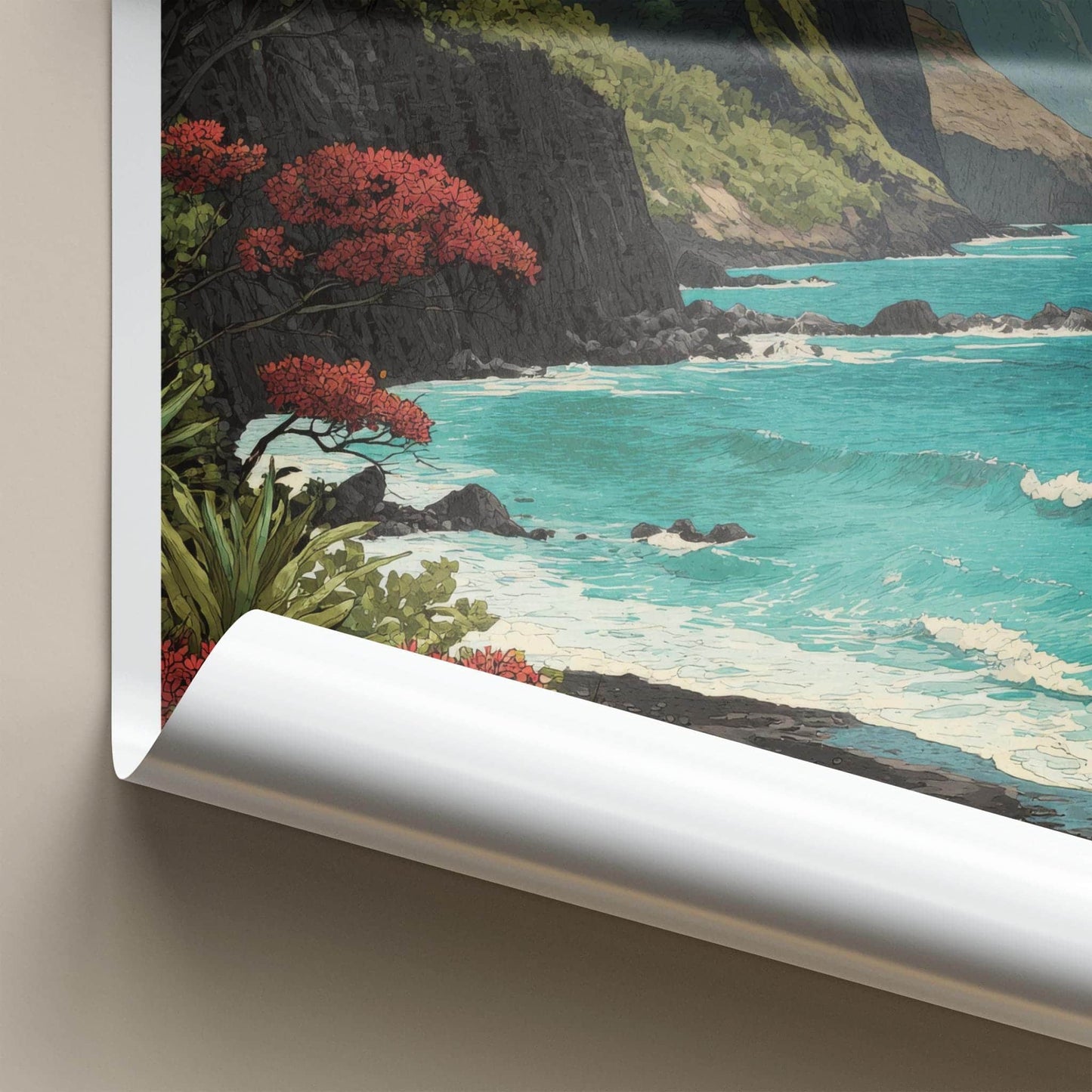 Hawaii Poster - Hawaii Travel Art - Flowering Cliff Ocean Wall Decor