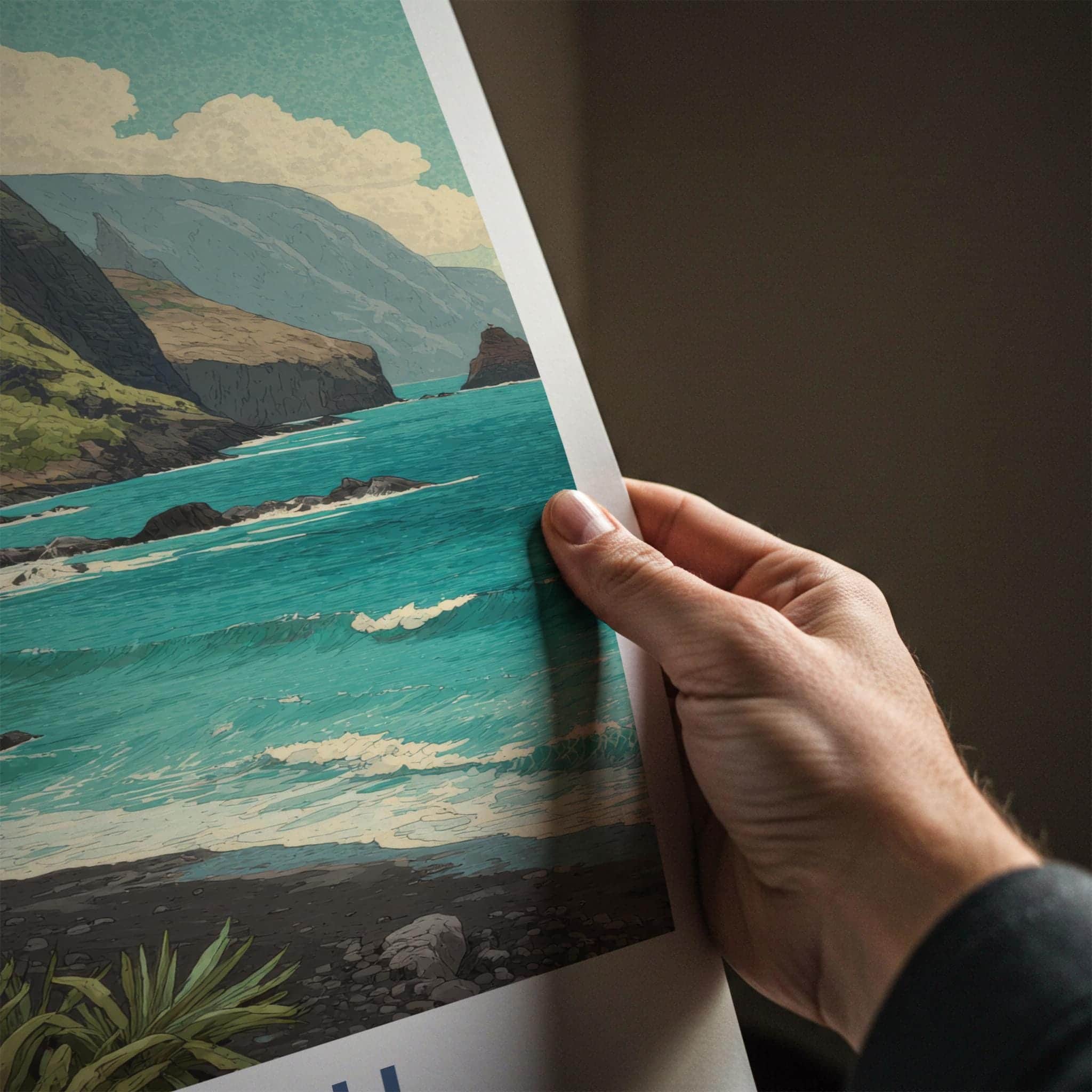Hawaii Poster - Hawaii Travel Art - Flowering Cliff Ocean Wall Decor