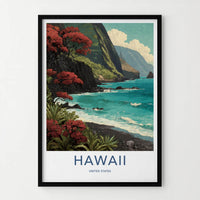 Hawaii Poster - Hawaii Travel Art - Flowering Cliff Ocean Wall Decor