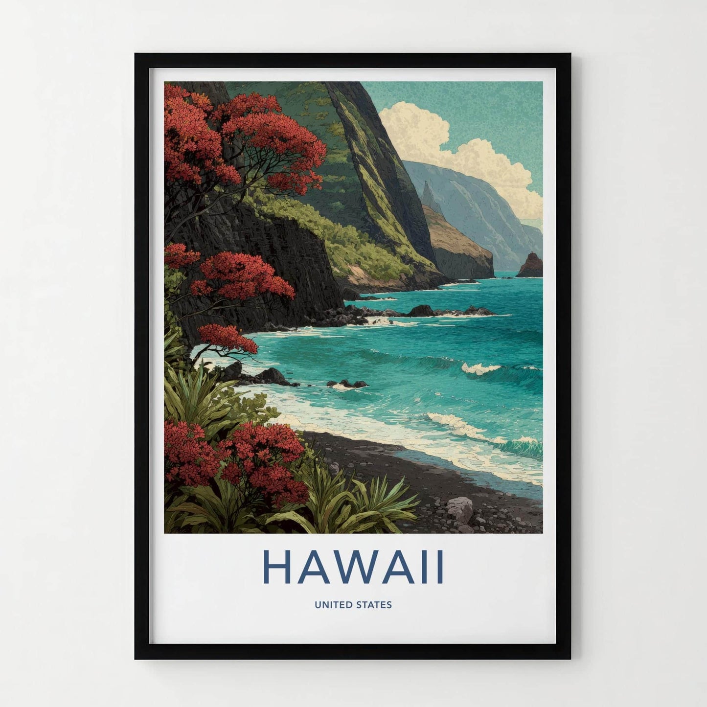 Hawaii Poster - Hawaii Travel Art - Flowering Cliff Ocean Wall Decor