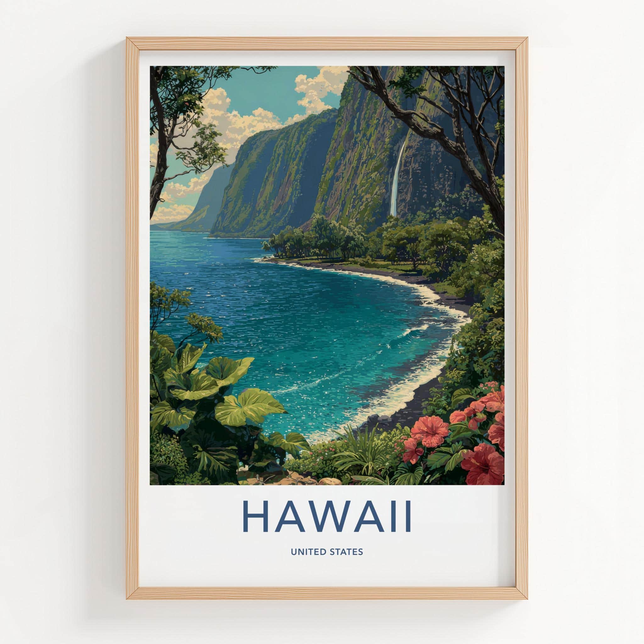 Hawaii Poster - Hawaii Travel Art - Lush Coastal Waterfall Home Decor
