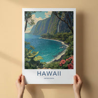 Hawaii Poster - Hawaii Travel Art - Lush Coastal Waterfall Home Decor