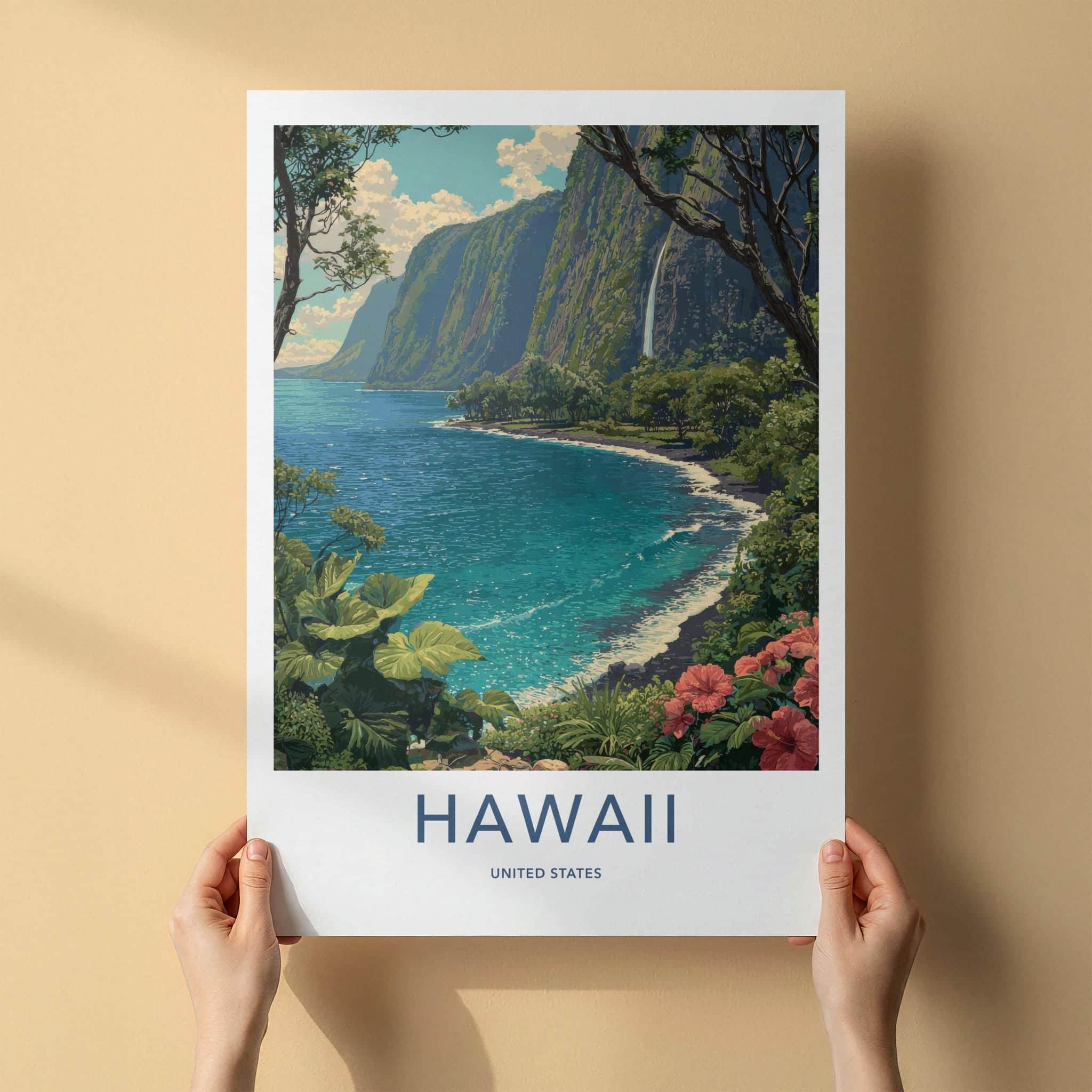 Hawaii Poster - Hawaii Travel Art - Lush Coastal Waterfall Home Decor
