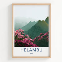 Helambu Poster - Nepal Travel Art - Misty Mountain Blooms Home Decor