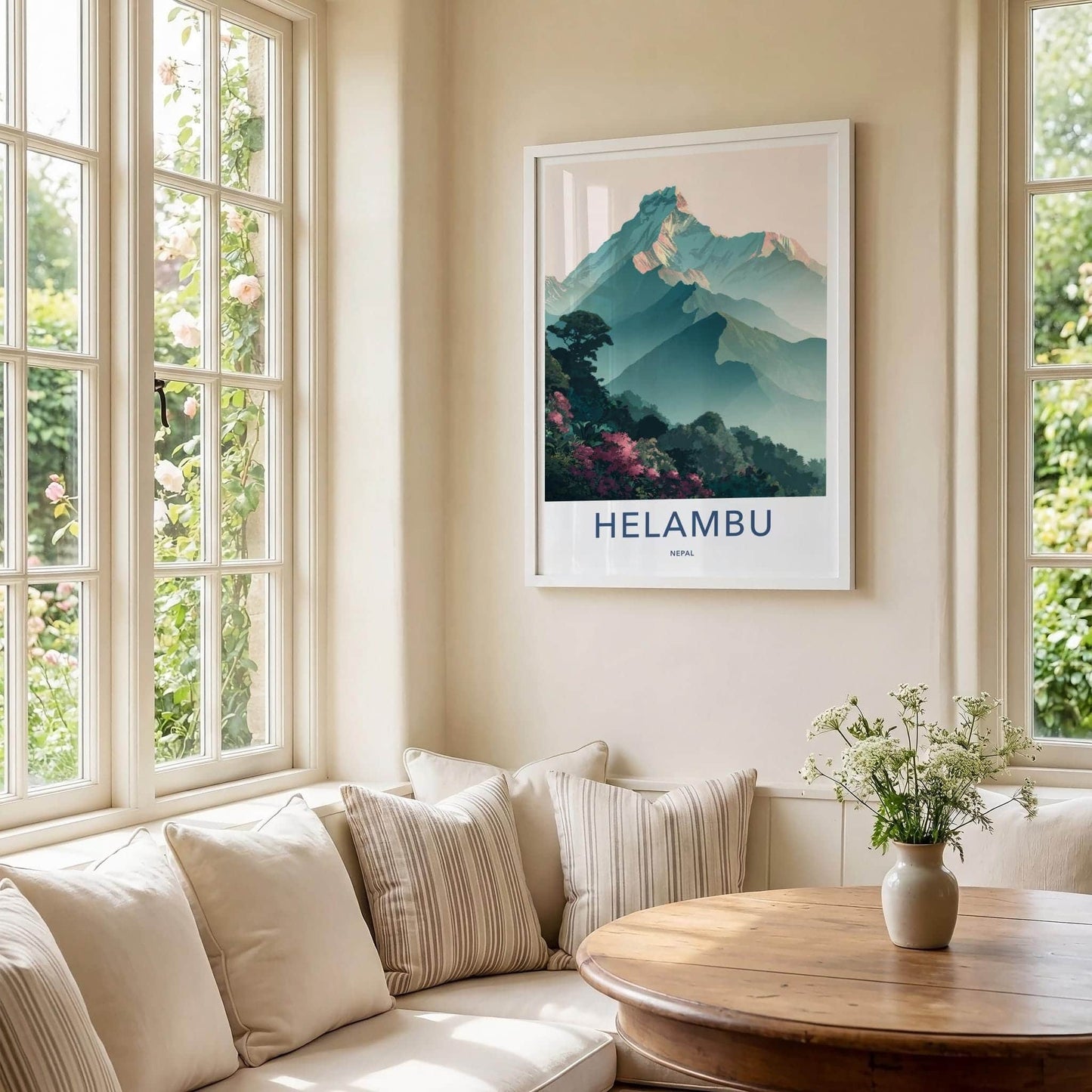 Helambu Poster - Nepal Travel Art - Misty Mountain Peaks Wall Decor