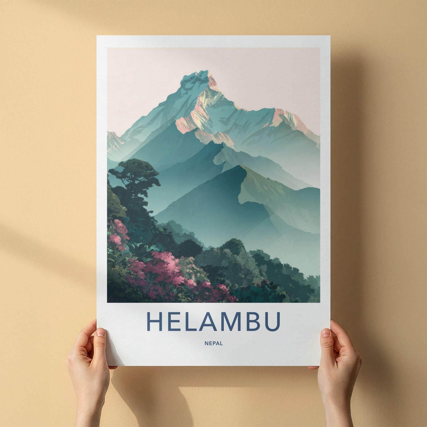 Helambu Poster - Nepal Travel Art - Misty Mountain Peaks Wall Decor