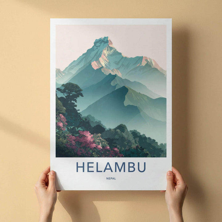 Helambu Poster - Nepal Travel Art - Misty Mountain Peaks Wall Decor