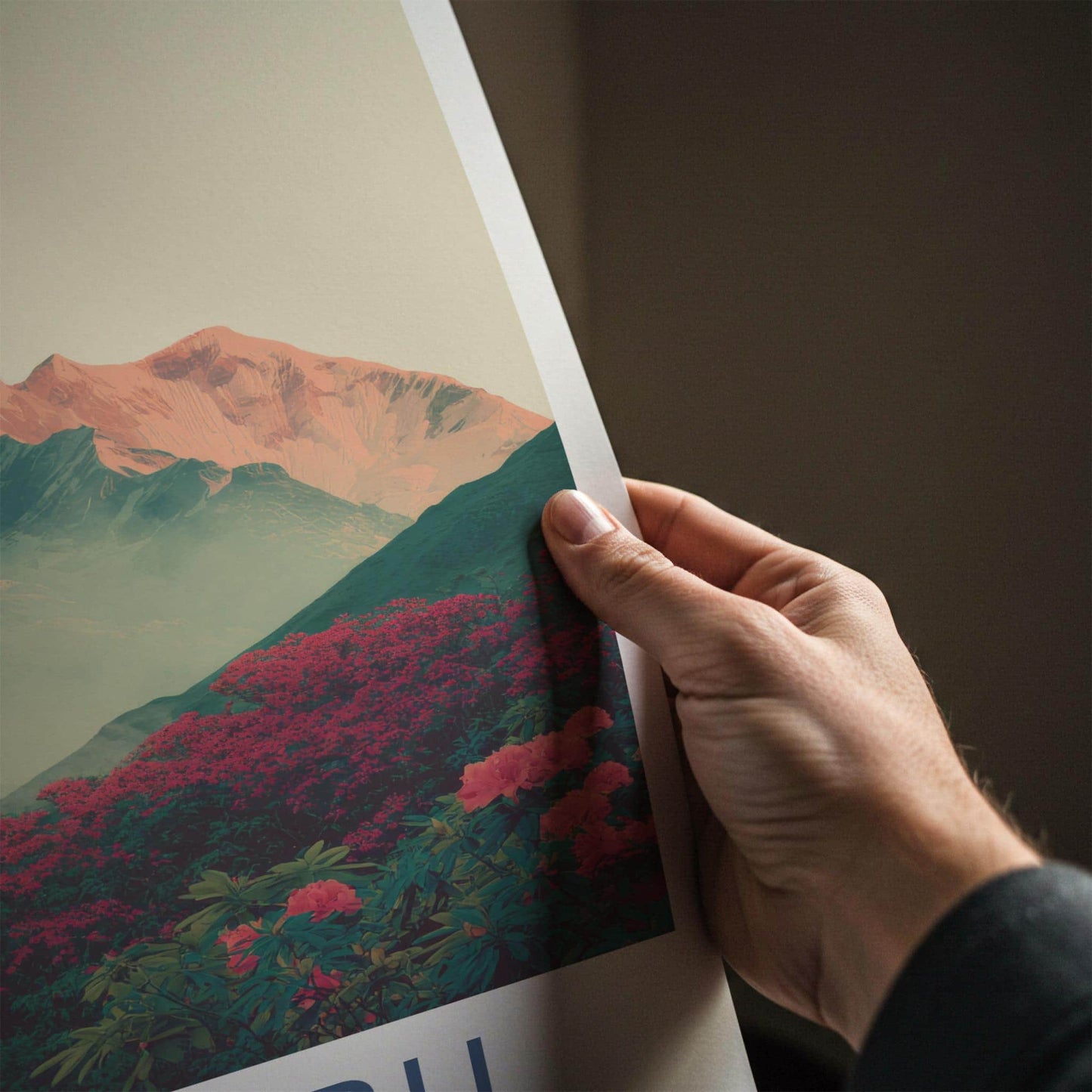 Helambu Poster - Nepal Travel Art - Misty Peaks Rhododendron Home Decor