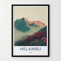 Helambu Poster - Nepal Travel Art - Misty Peaks Rhododendron Home Decor