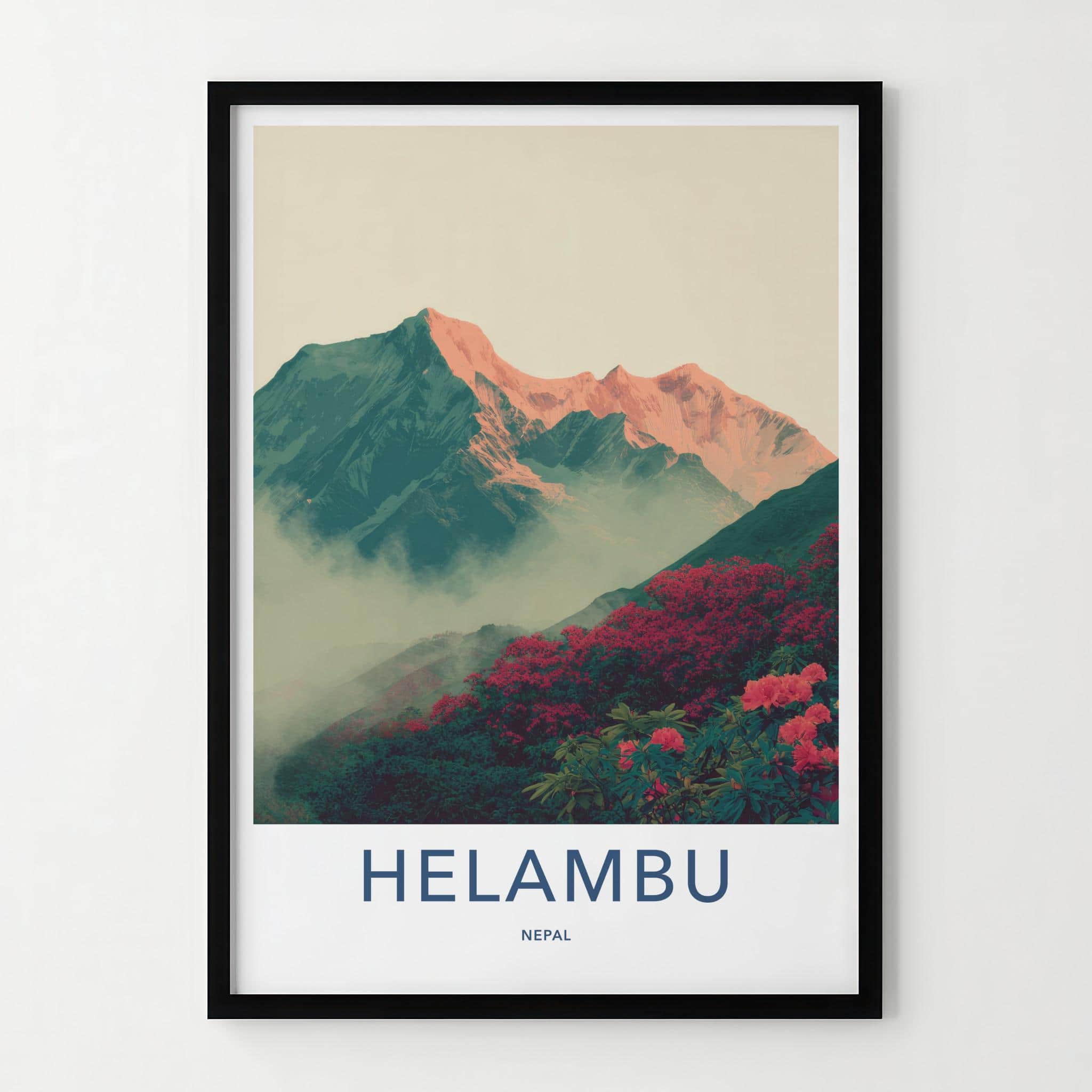 Helambu Poster - Nepal Travel Art - Misty Peaks Rhododendron Home Decor
