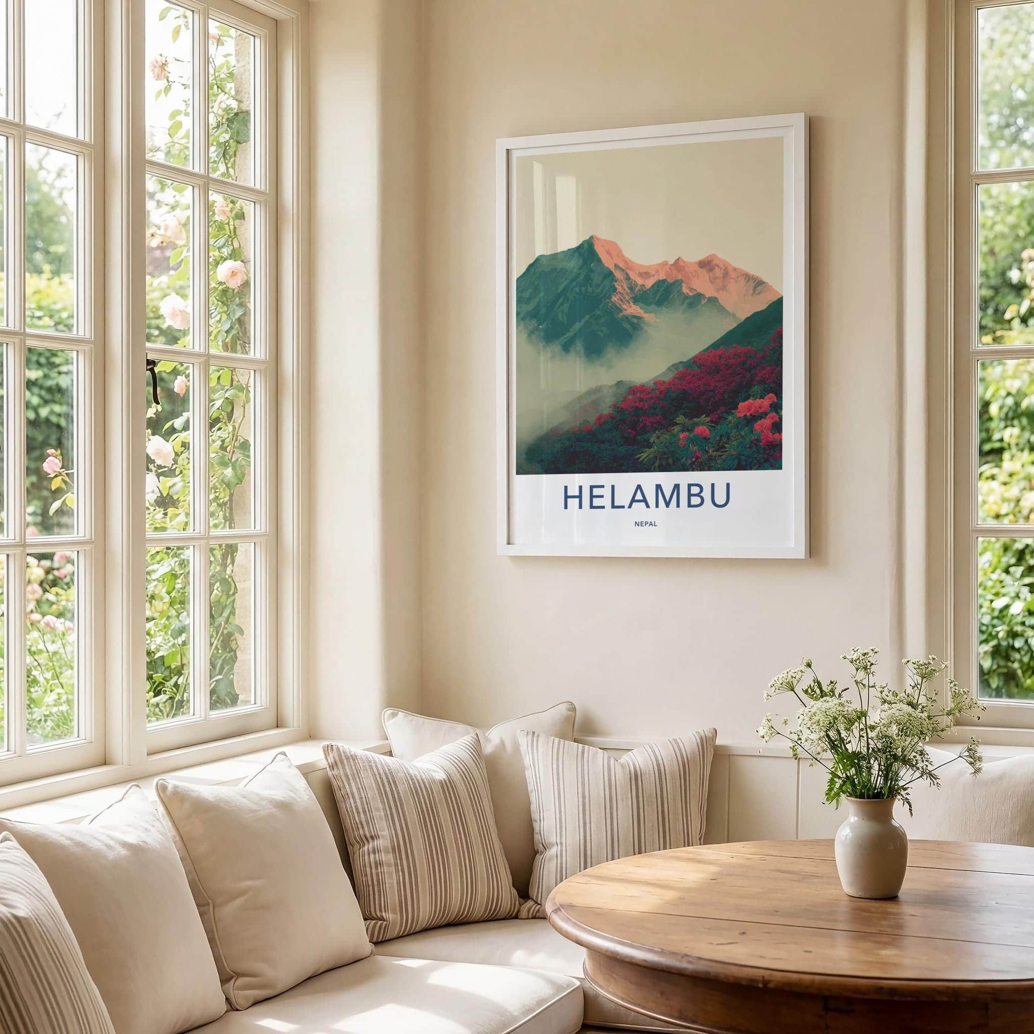 Helambu Poster - Nepal Travel Art - Misty Peaks Rhododendron Home Decor