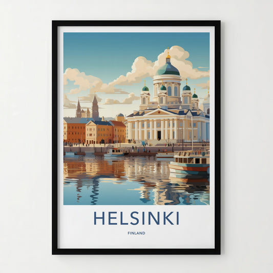 Helsinki Poster - Finland Travel Art - Waterfront Cathedral Scene Home Decor