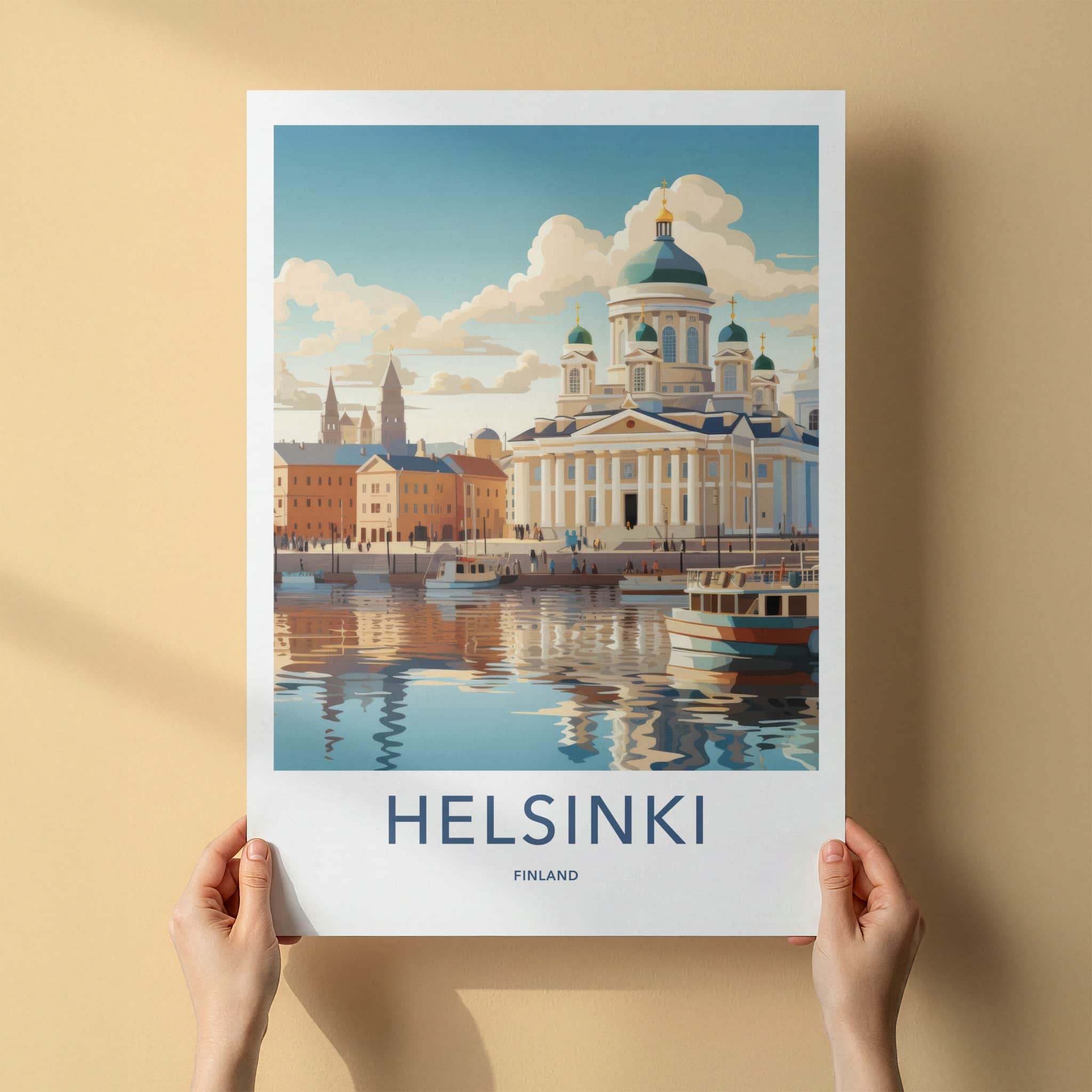Helsinki Poster - Finland Travel Art - Waterfront Cathedral Scene Home Decor