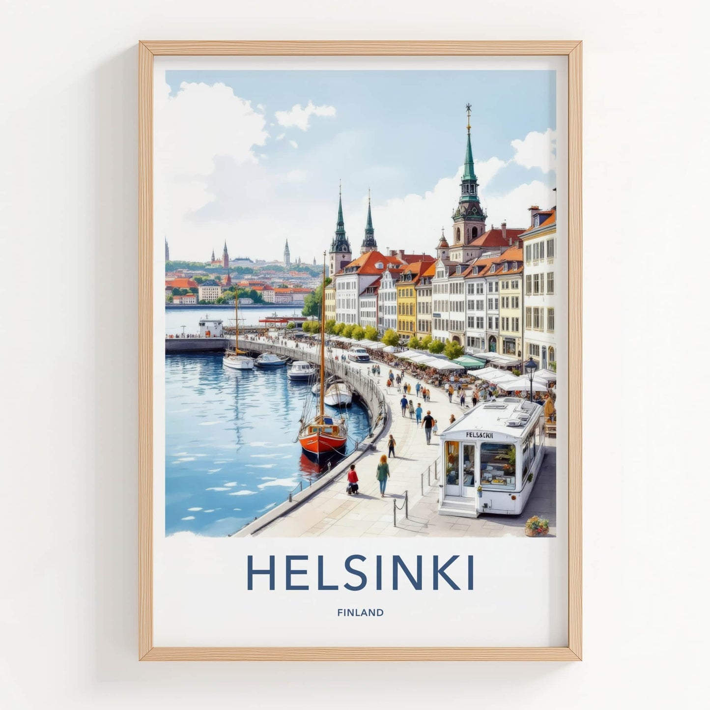 Helsinki Poster - Finland Travel Art - Waterfront Market Scene Home Decor