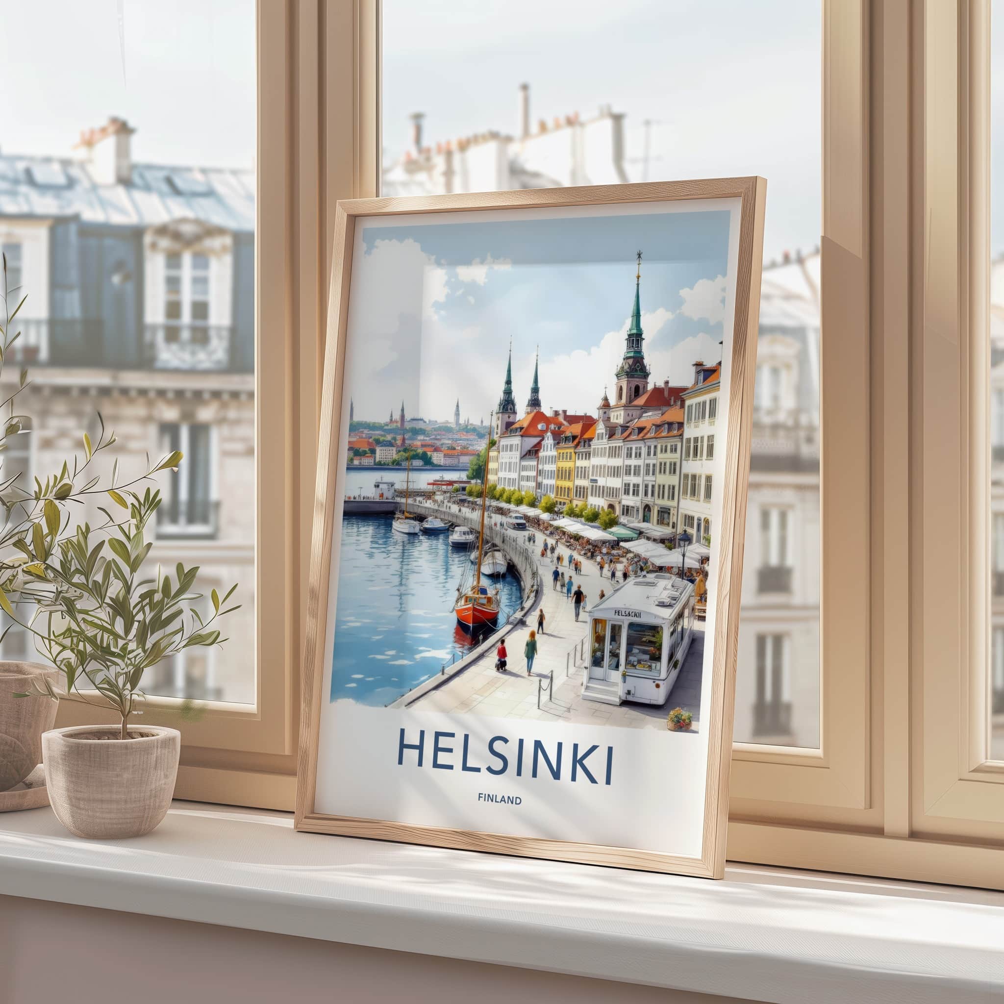 Helsinki Poster - Finland Travel Art - Waterfront Market Scene Home Decor
