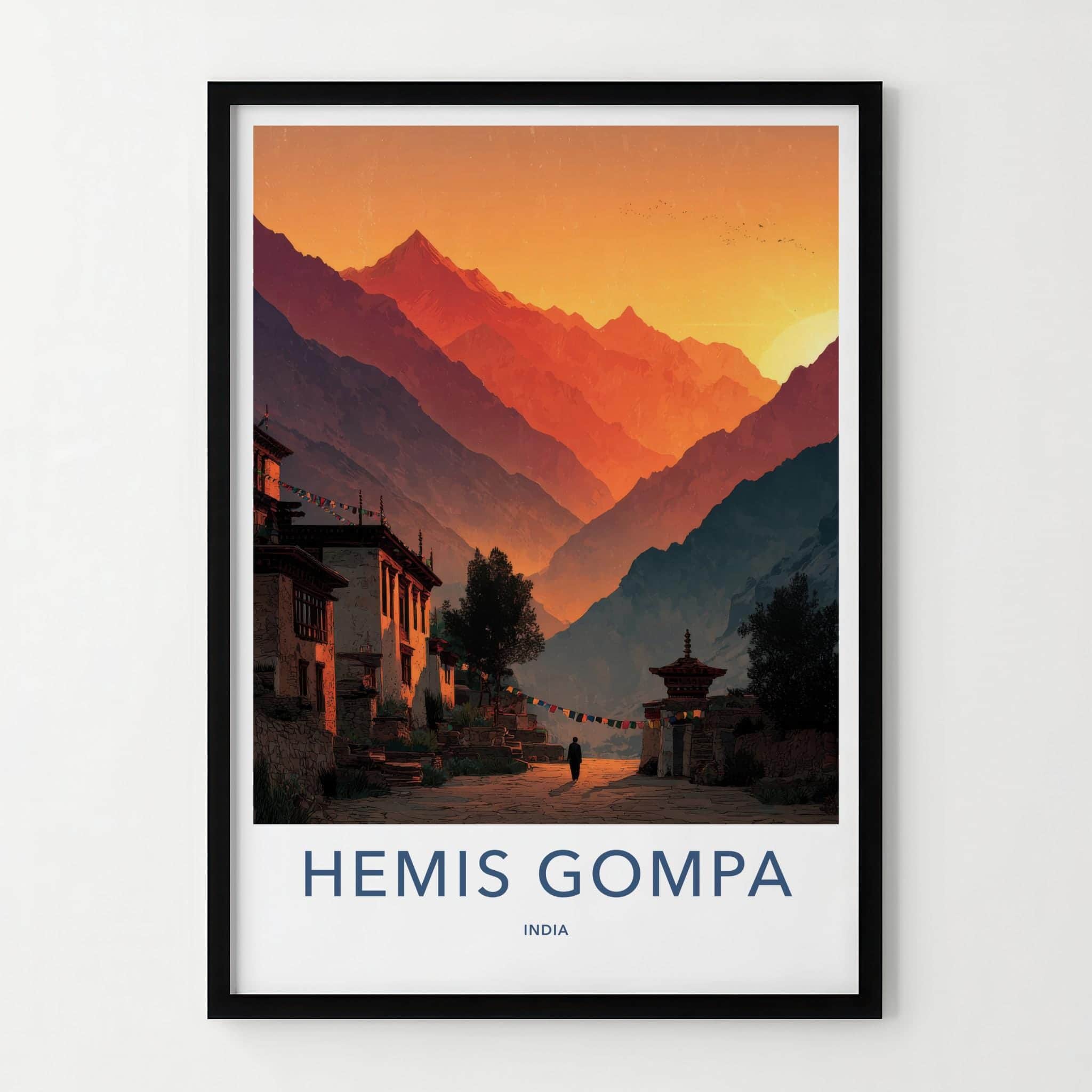 Hemis Gompa Poster - India Travel Art - Ladakh Monastery Valley Sunset Wall Decor