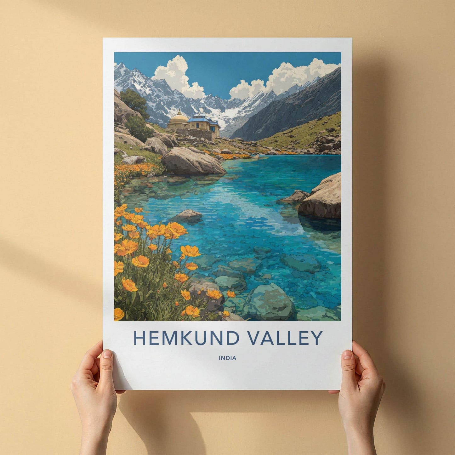 Hemkund Valley Poster - India Art Print - Uttarakhand Mountain Lake Shrine Home Art