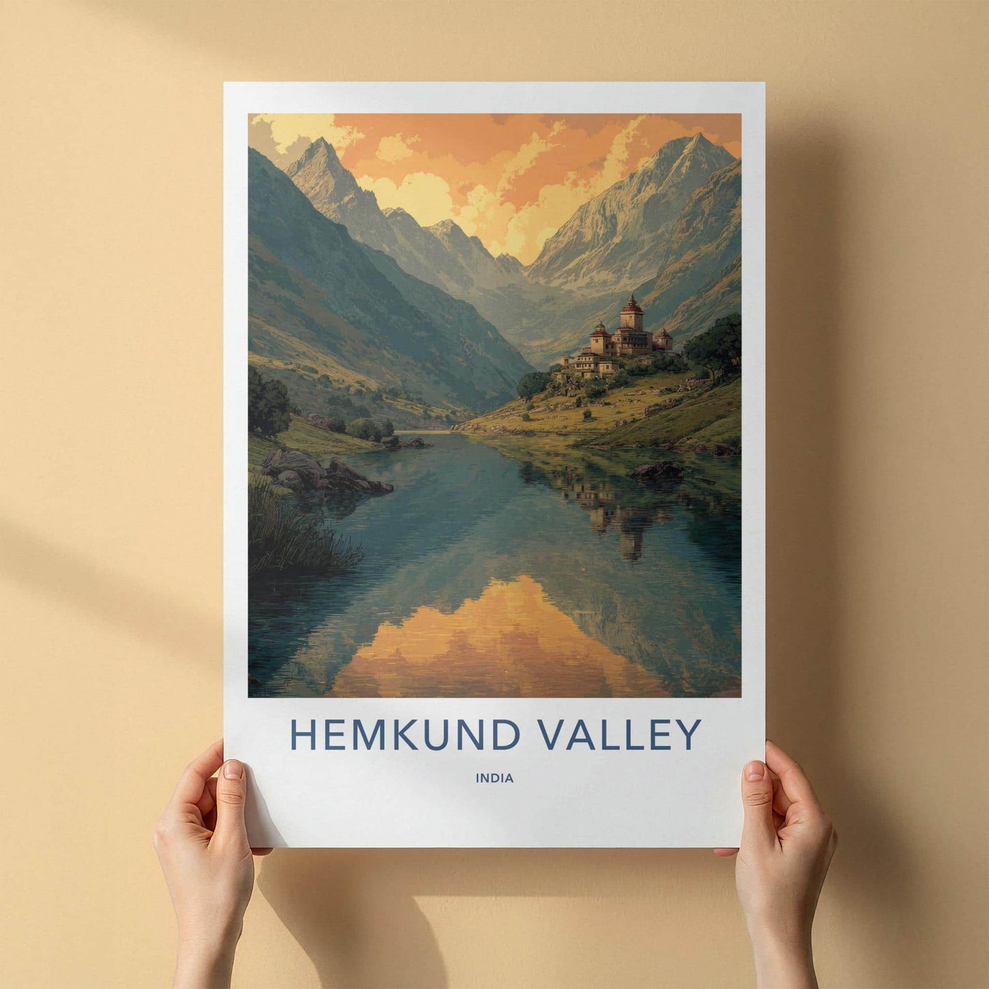 Hemkund Valley Poster - India Fine Art - Uttarakhand Mountain Lake Temple Gift