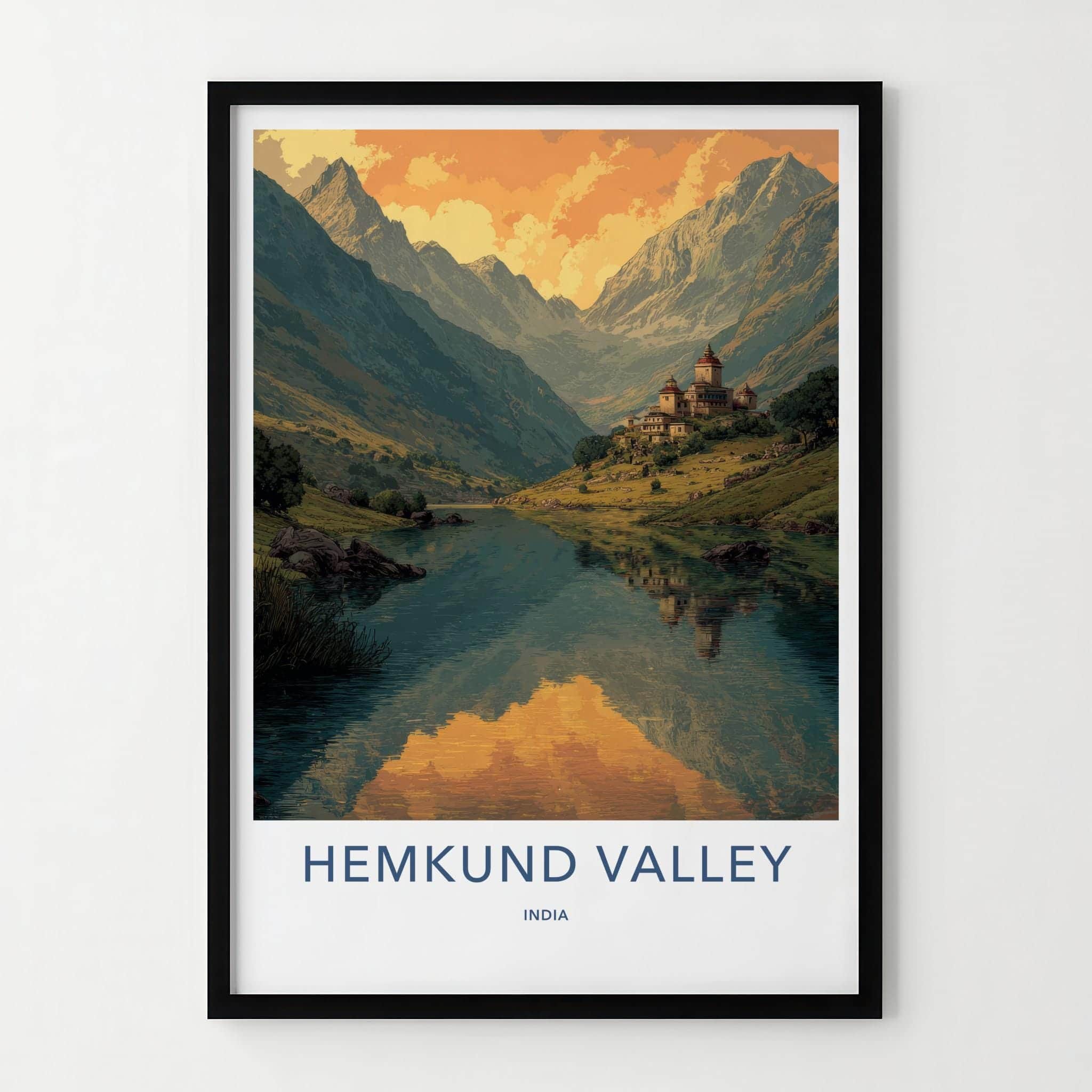 Hemkund Valley Poster - India Fine Art - Uttarakhand Mountain Lake Temple Gift