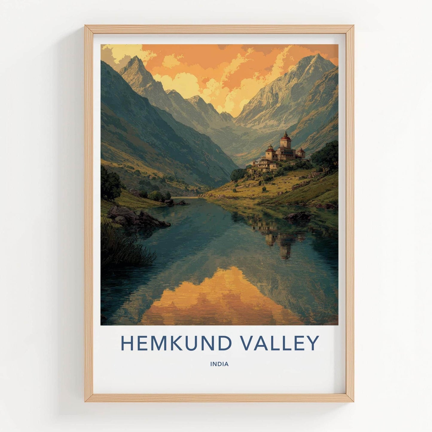 Hemkund Valley Poster - India Fine Art - Uttarakhand Mountain Lake Temple Gift