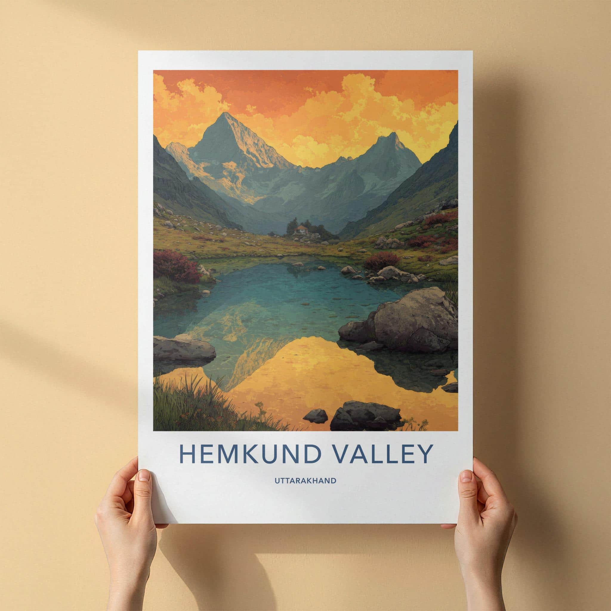 Hemkund Valley Poster - India Fine Art - Uttarakhand Orange Lake Scene Gift