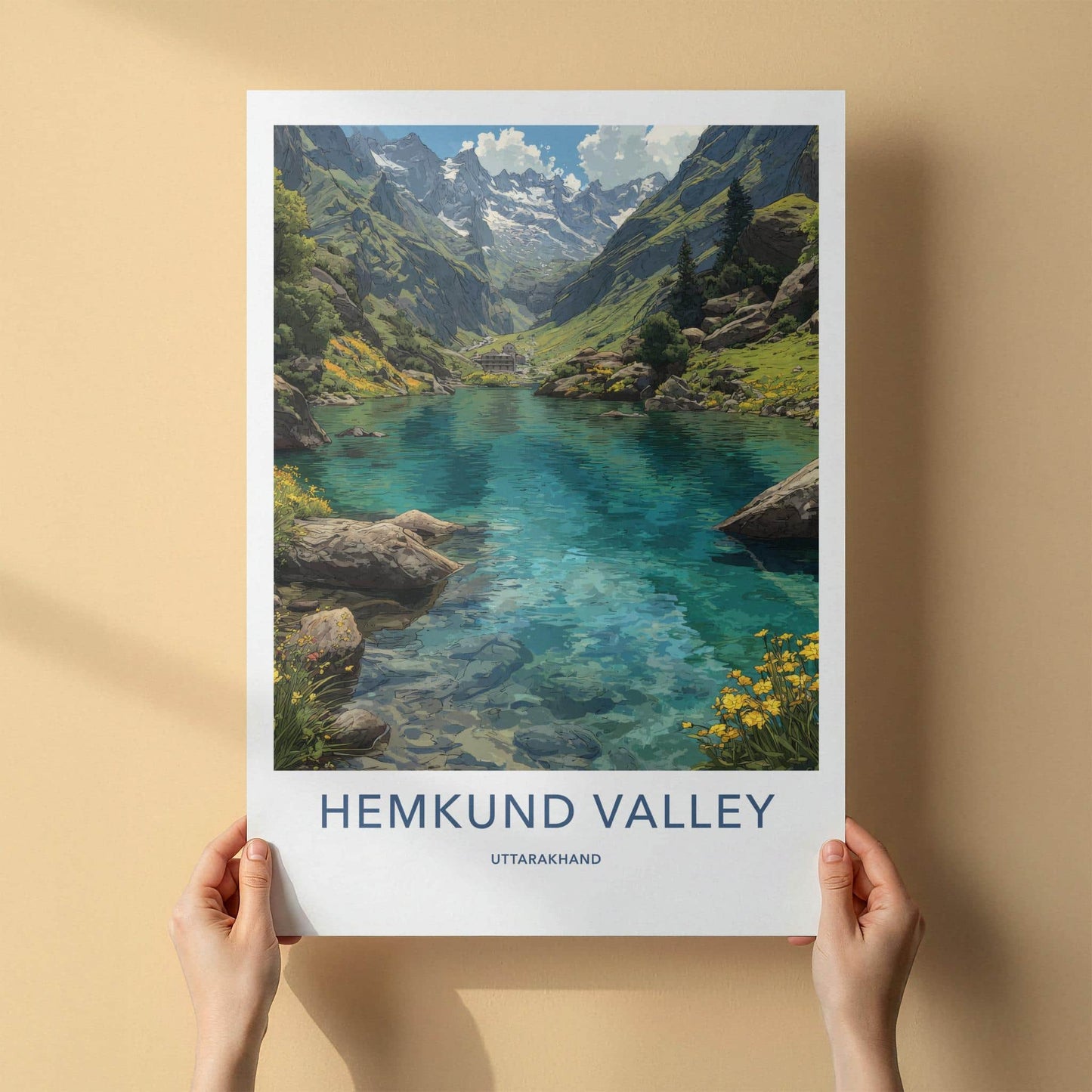 Hemkund Valley Poster - India Scenic Art - Uttarakhand Mountain Lake Home Decor