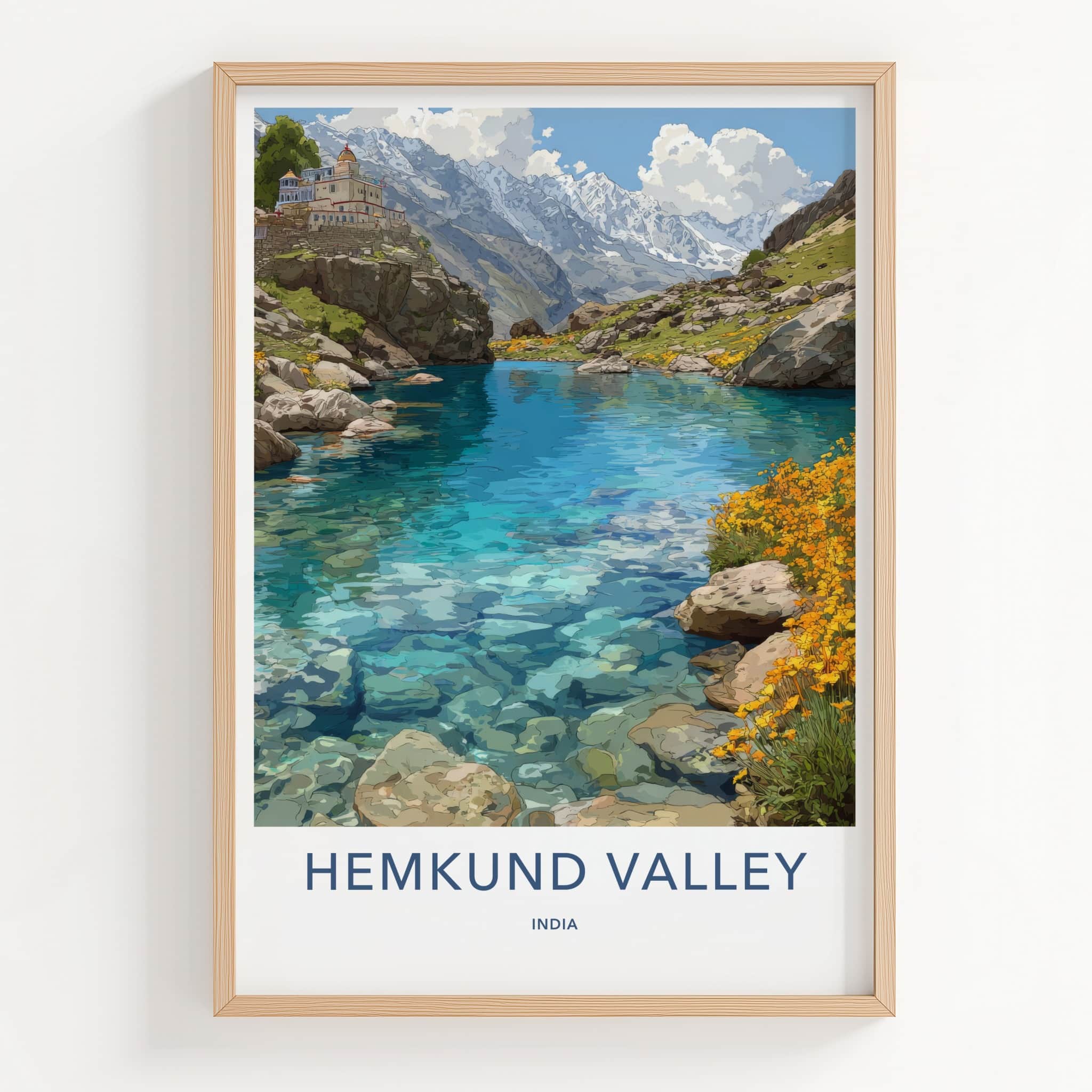 Hemkund Valley Poster - India Travel Art - Clear Lake Water Home Art