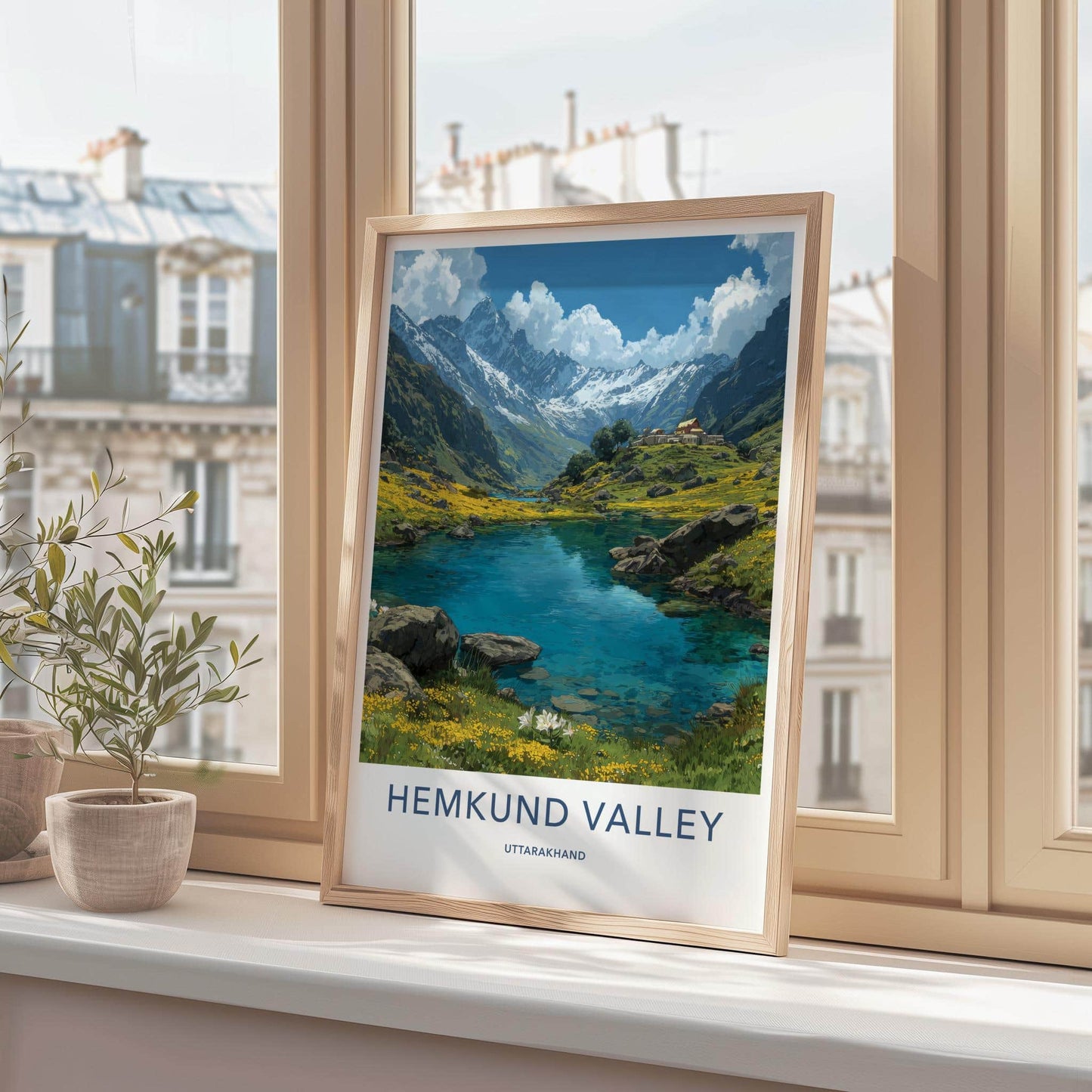 Hemkund Valley Poster - India Travel Art - Uttarakhand Clear Lake Peaks Home Decor