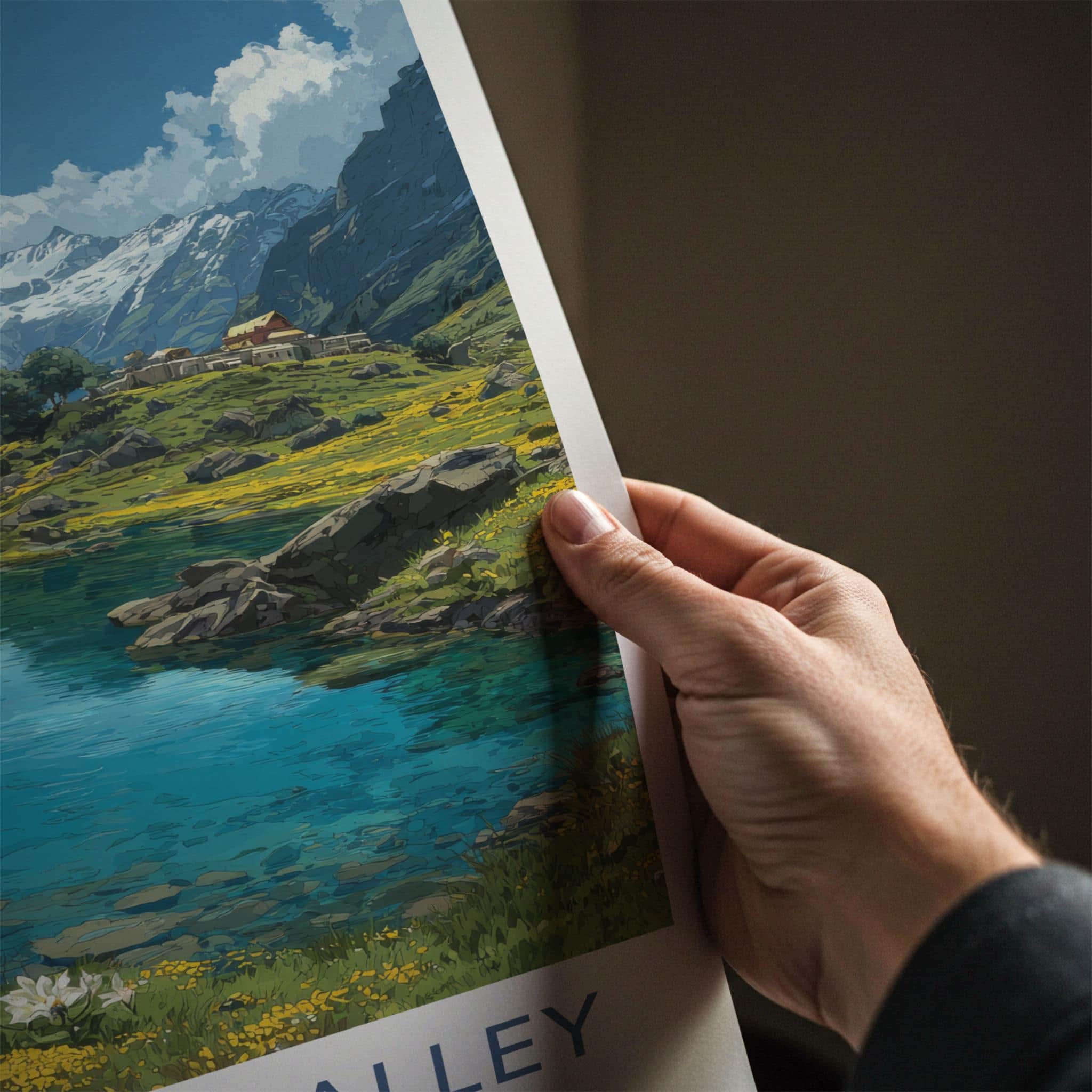 Hemkund Valley Poster - India Travel Art - Uttarakhand Clear Lake Peaks Home Decor