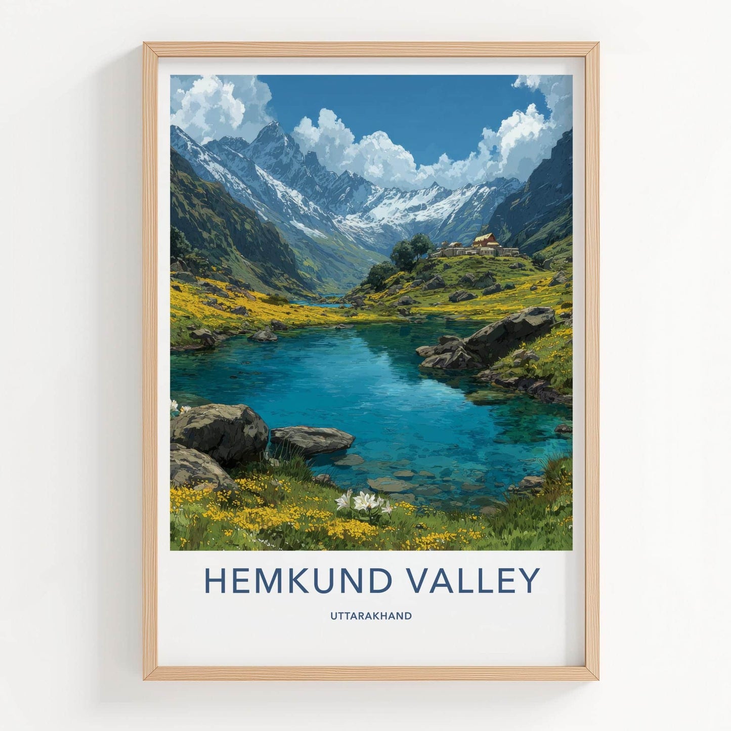 Hemkund Valley Poster - India Travel Art - Uttarakhand Clear Lake Peaks Home Decor