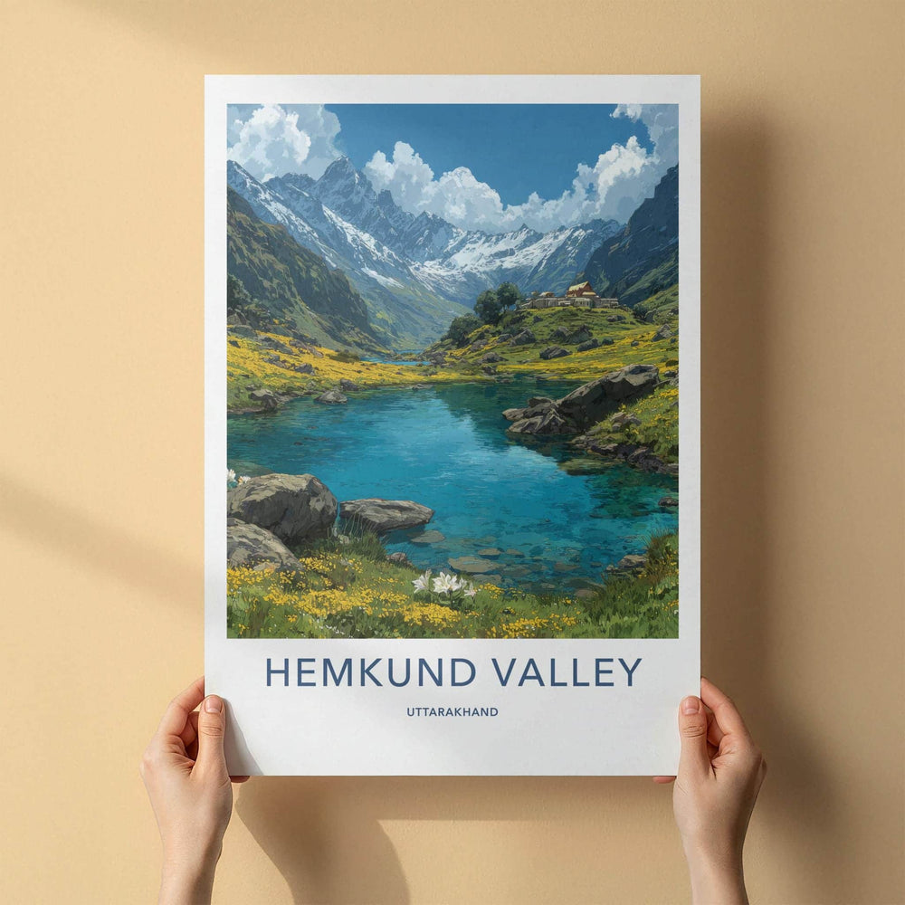 Hemkund Valley Poster - India Travel Art - Uttarakhand Clear Lake Peaks Home Decor