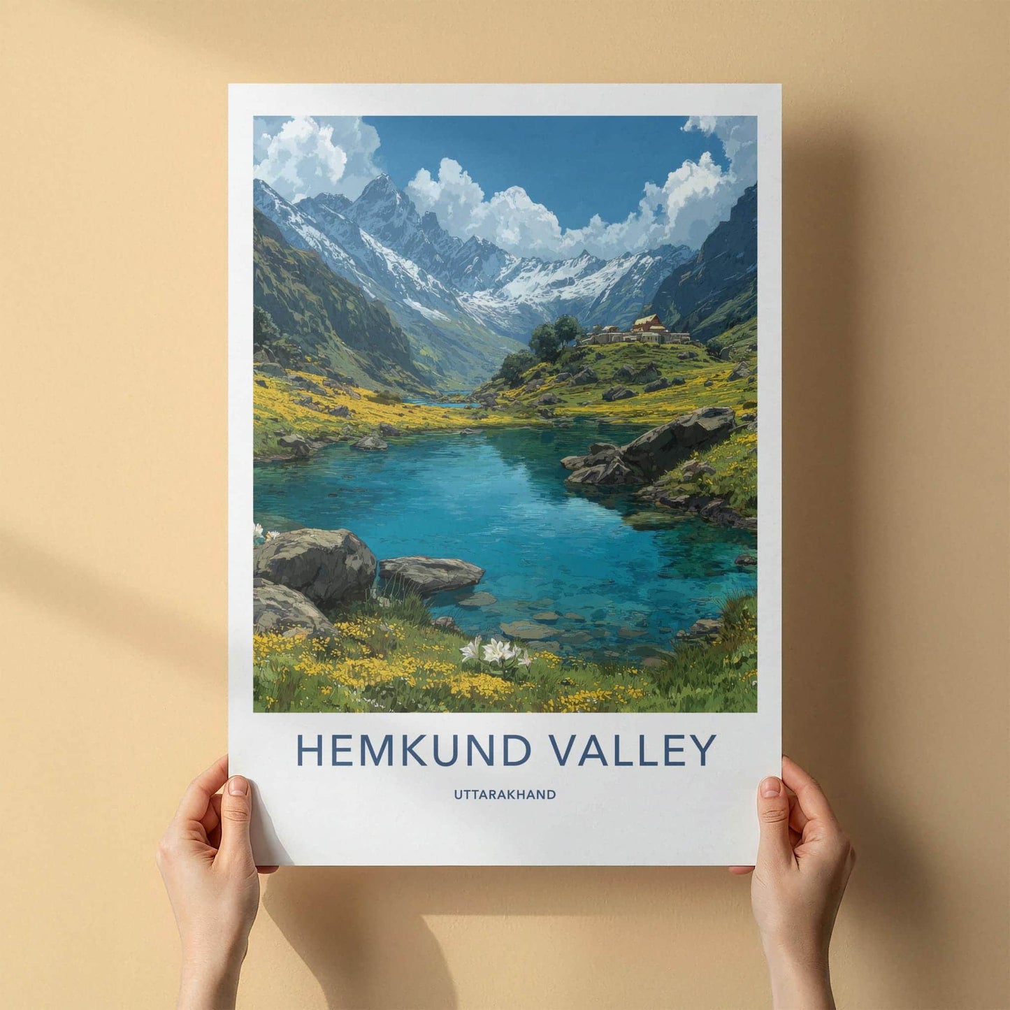 Hemkund Valley Poster - India Travel Art - Uttarakhand Clear Lake Peaks Home Decor