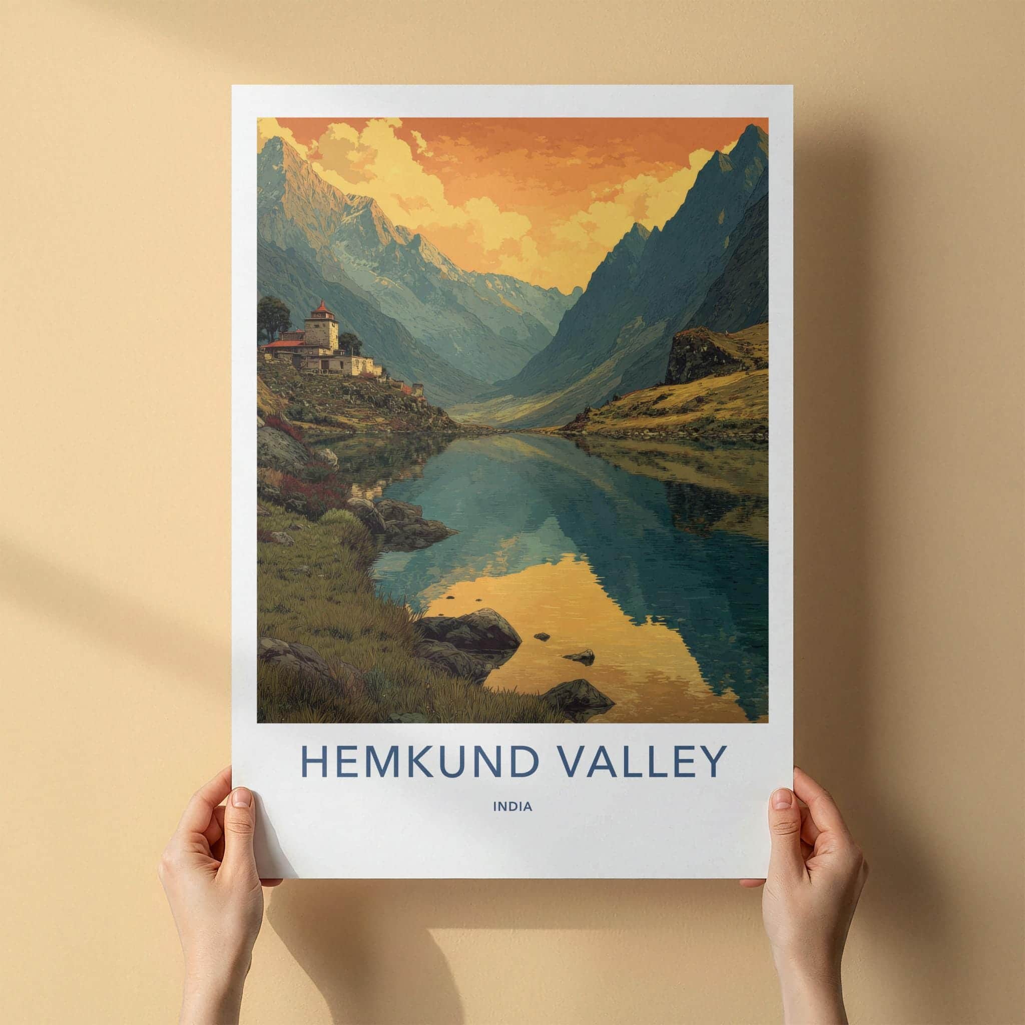 Hemkund Valley Poster - India Travel Art - Uttarakhand Lake Village Home Decor