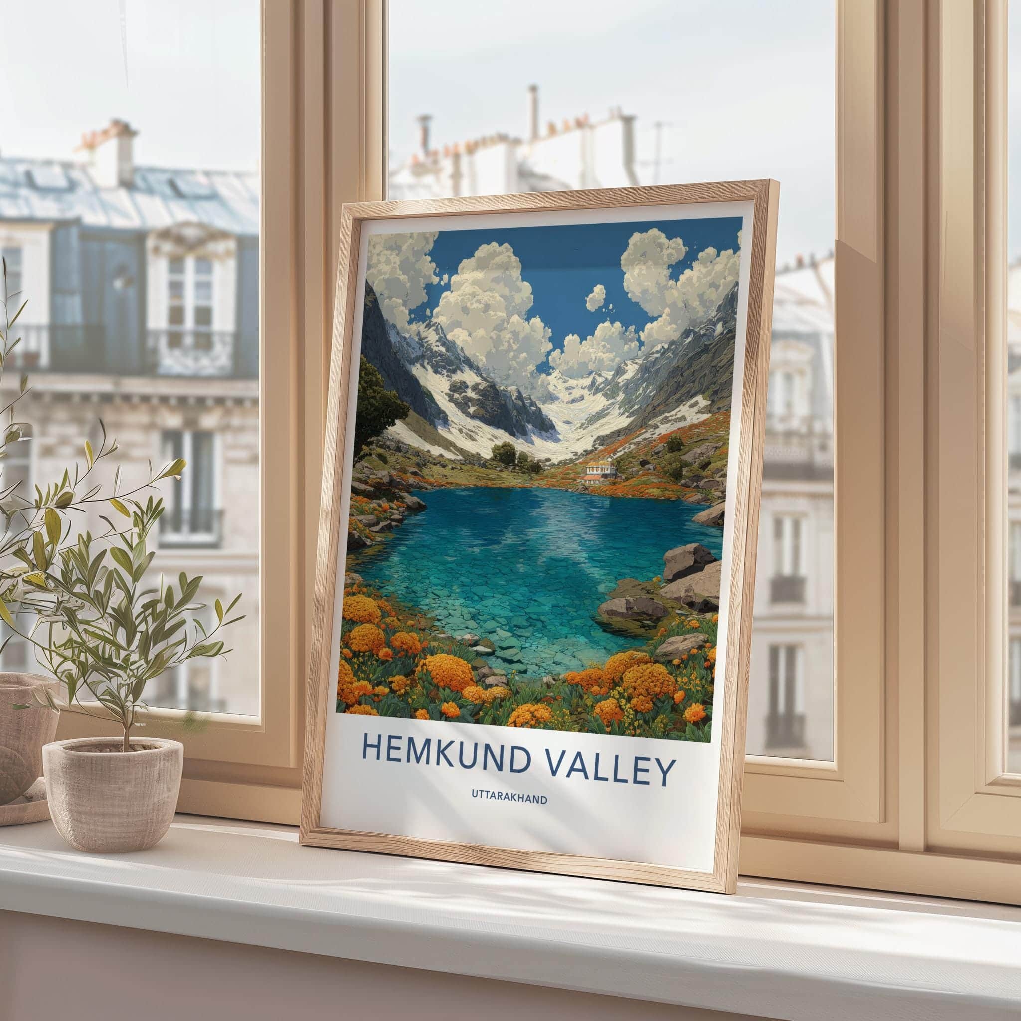 Hemkund Valley Poster - India Travel Art - Uttarakhand Turquoise Lake Flowers Wall Decor