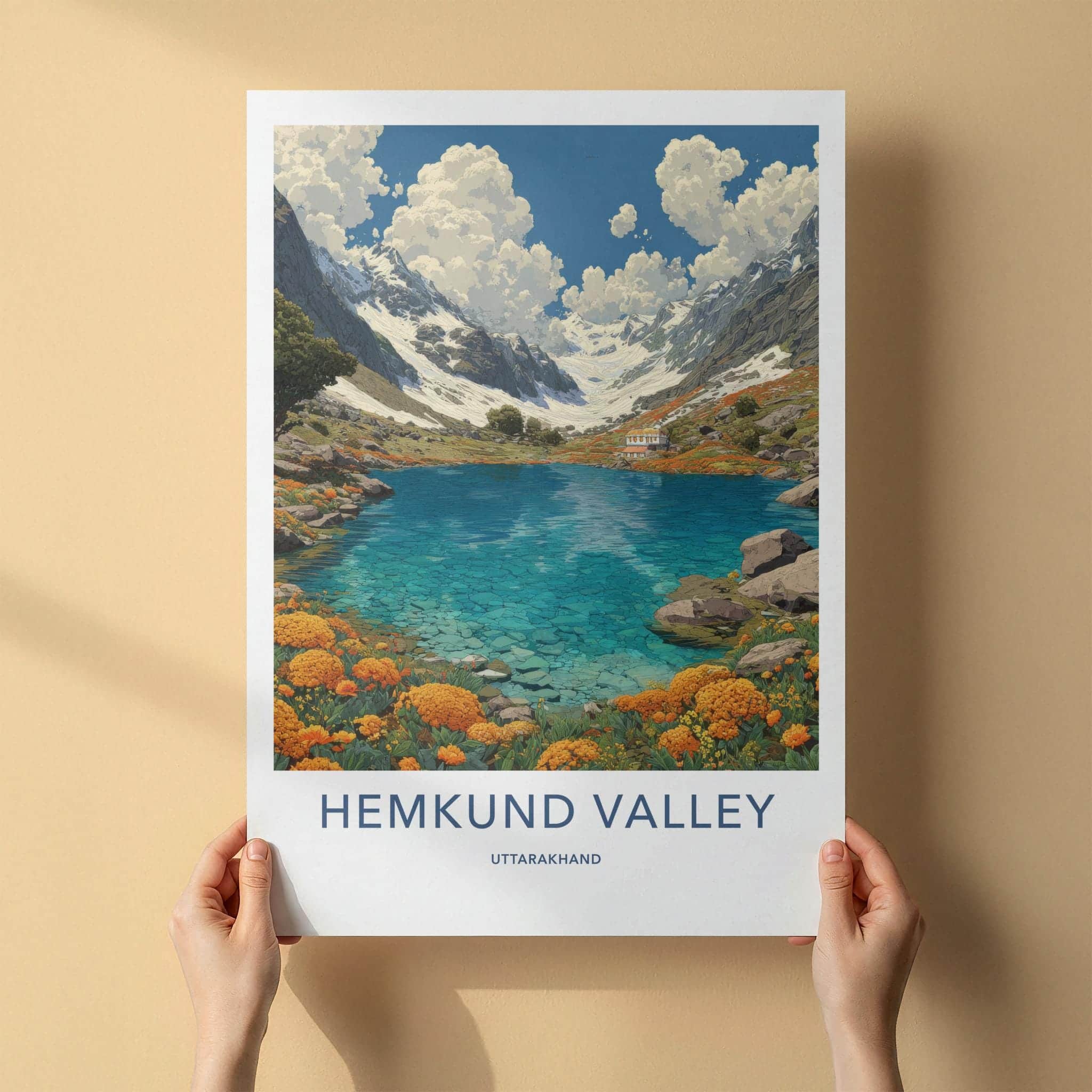 Hemkund Valley Poster - India Travel Art - Uttarakhand Turquoise Lake Flowers Wall Decor