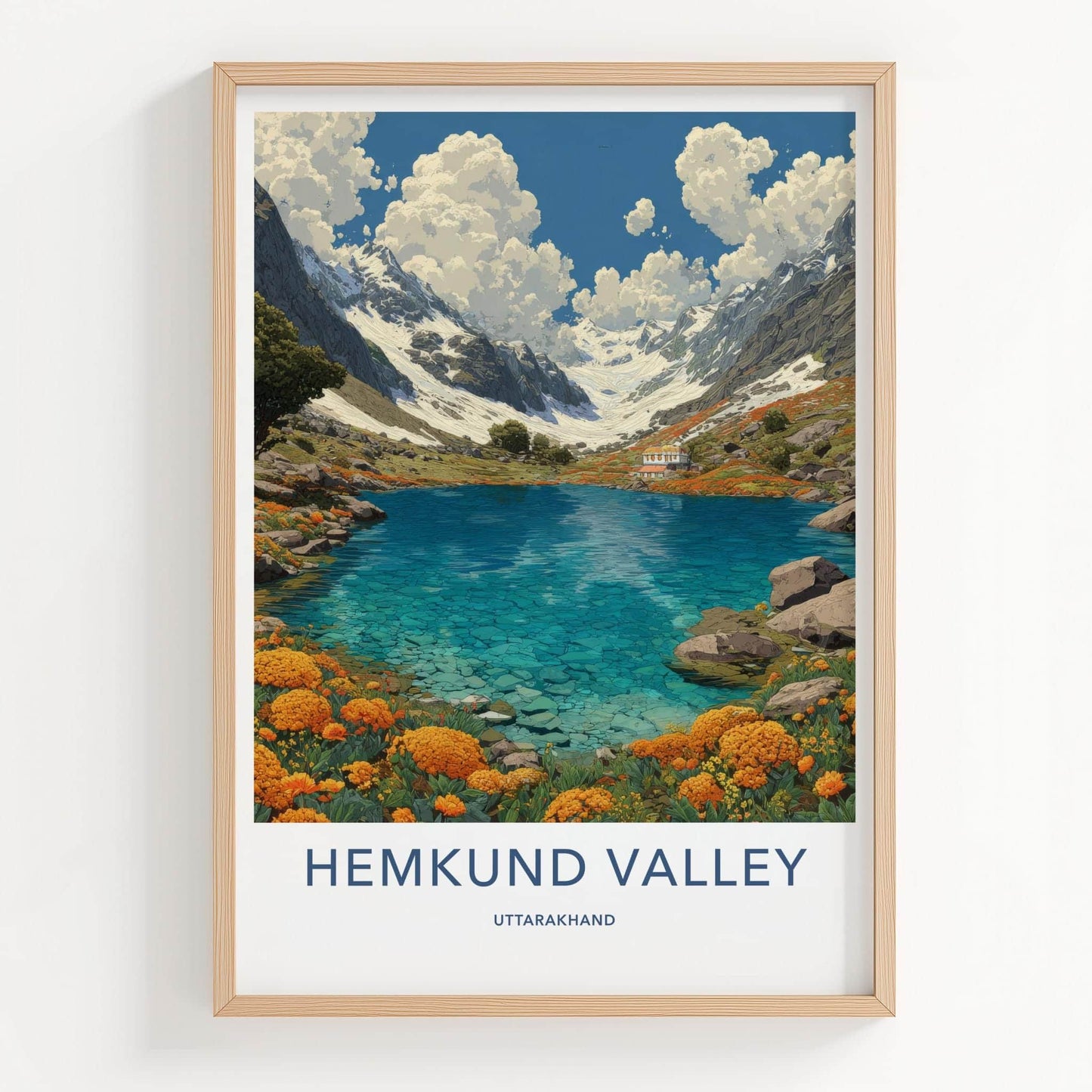 Hemkund Valley Poster - India Travel Art - Uttarakhand Turquoise Lake Flowers Wall Decor
