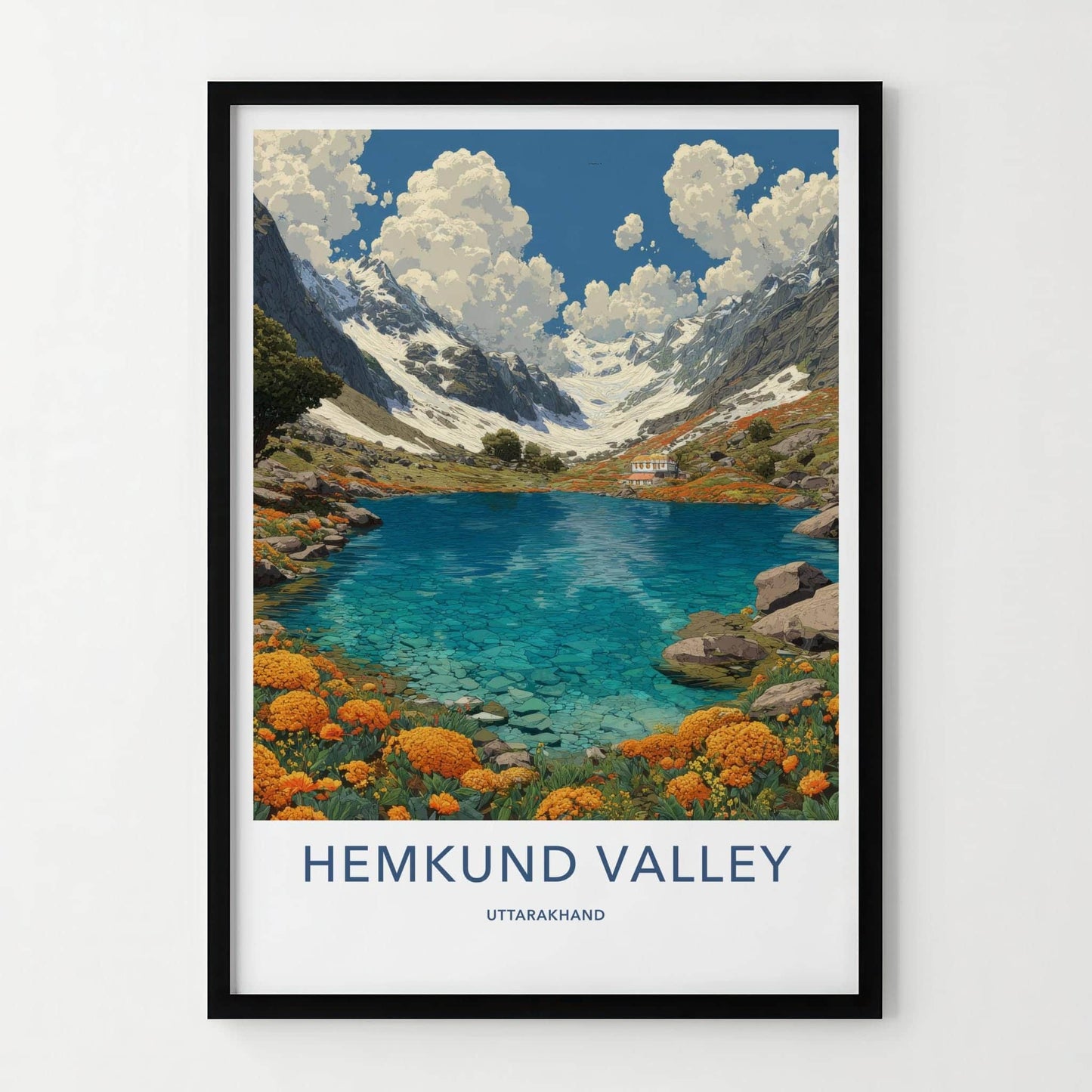 Hemkund Valley Poster - India Travel Art - Uttarakhand Turquoise Lake Flowers Wall Decor
