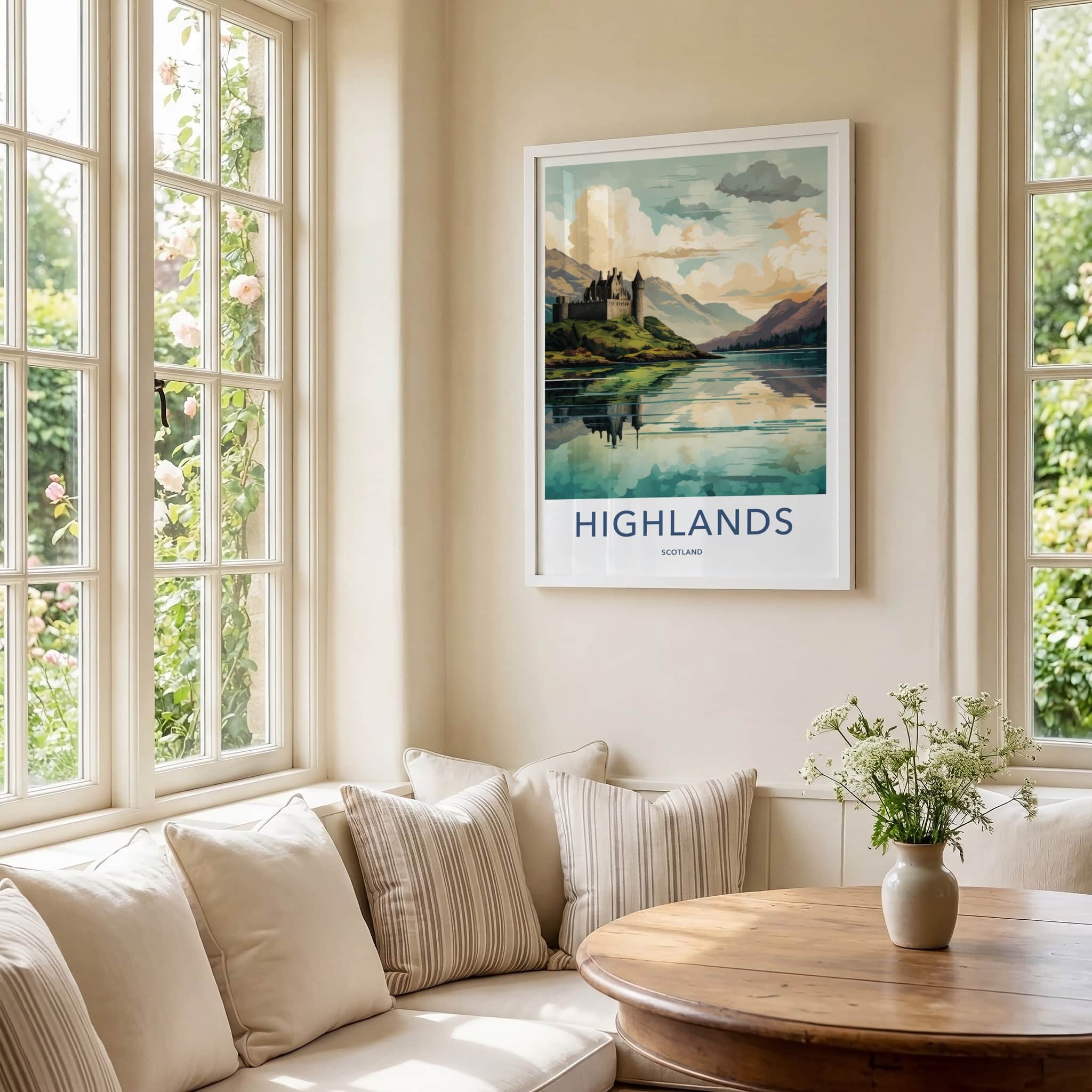 Highlands Poster - Scotland Travel Art - Historic Castle Reflection Home Decor