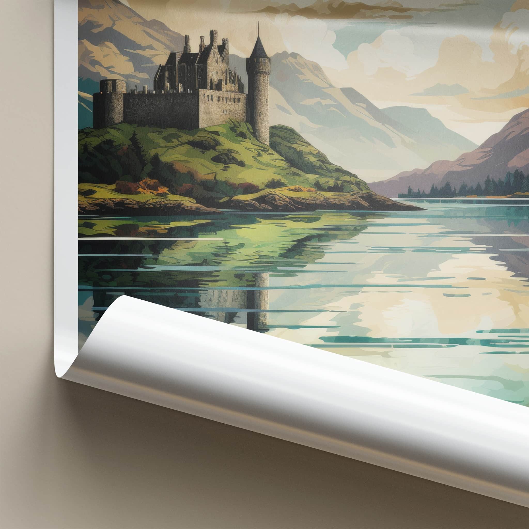 Highlands Poster - Scotland Travel Art - Historic Castle Reflection Home Decor