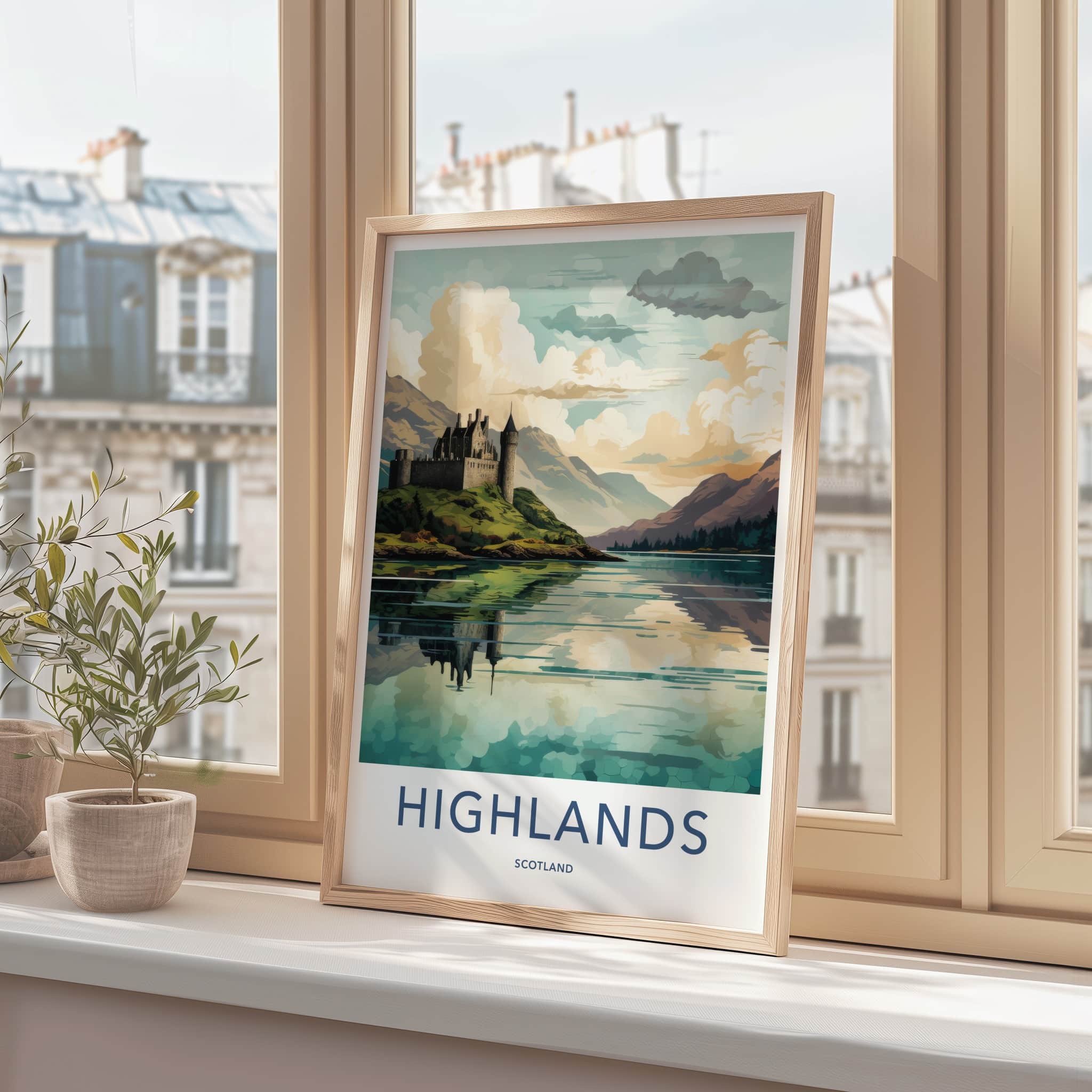 Highlands Poster - Scotland Travel Art - Historic Castle Reflection Home Decor