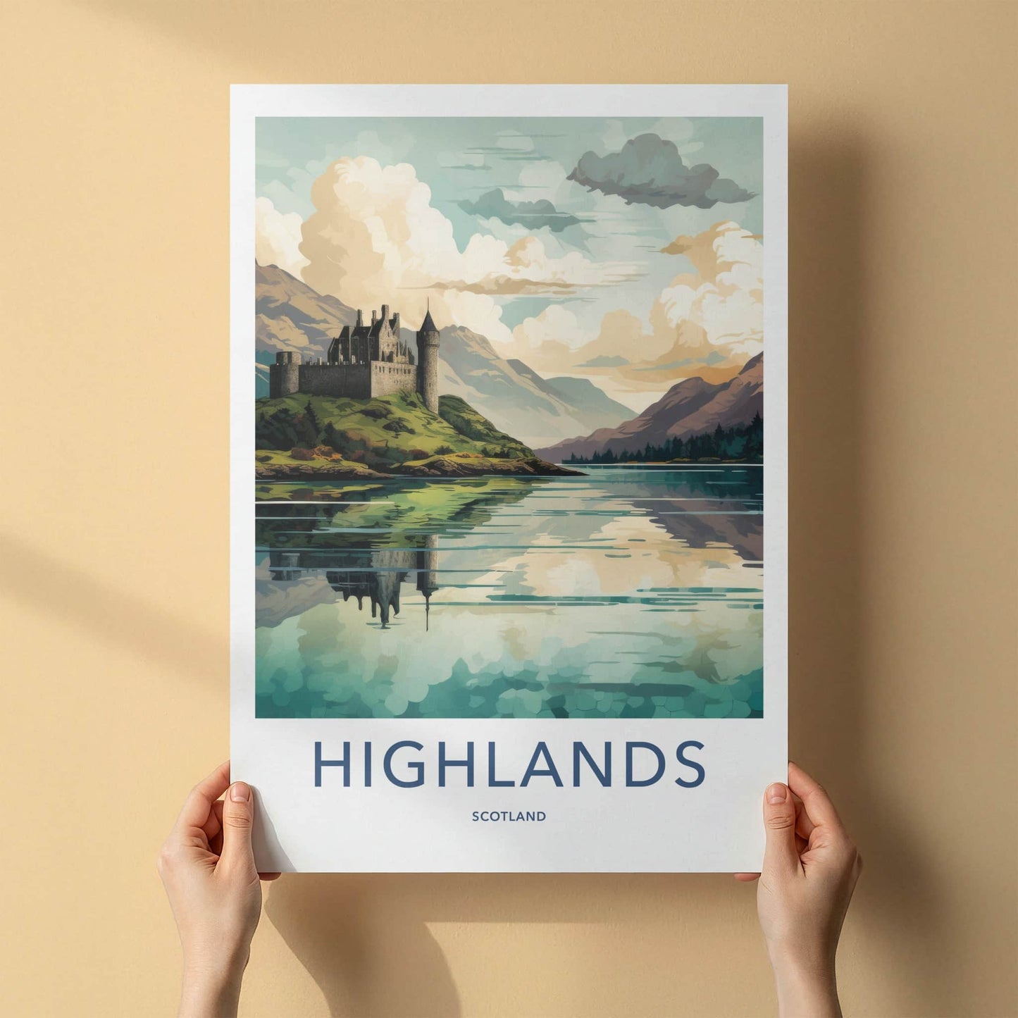 Highlands Poster - Scotland Travel Art - Historic Castle Reflection Home Decor