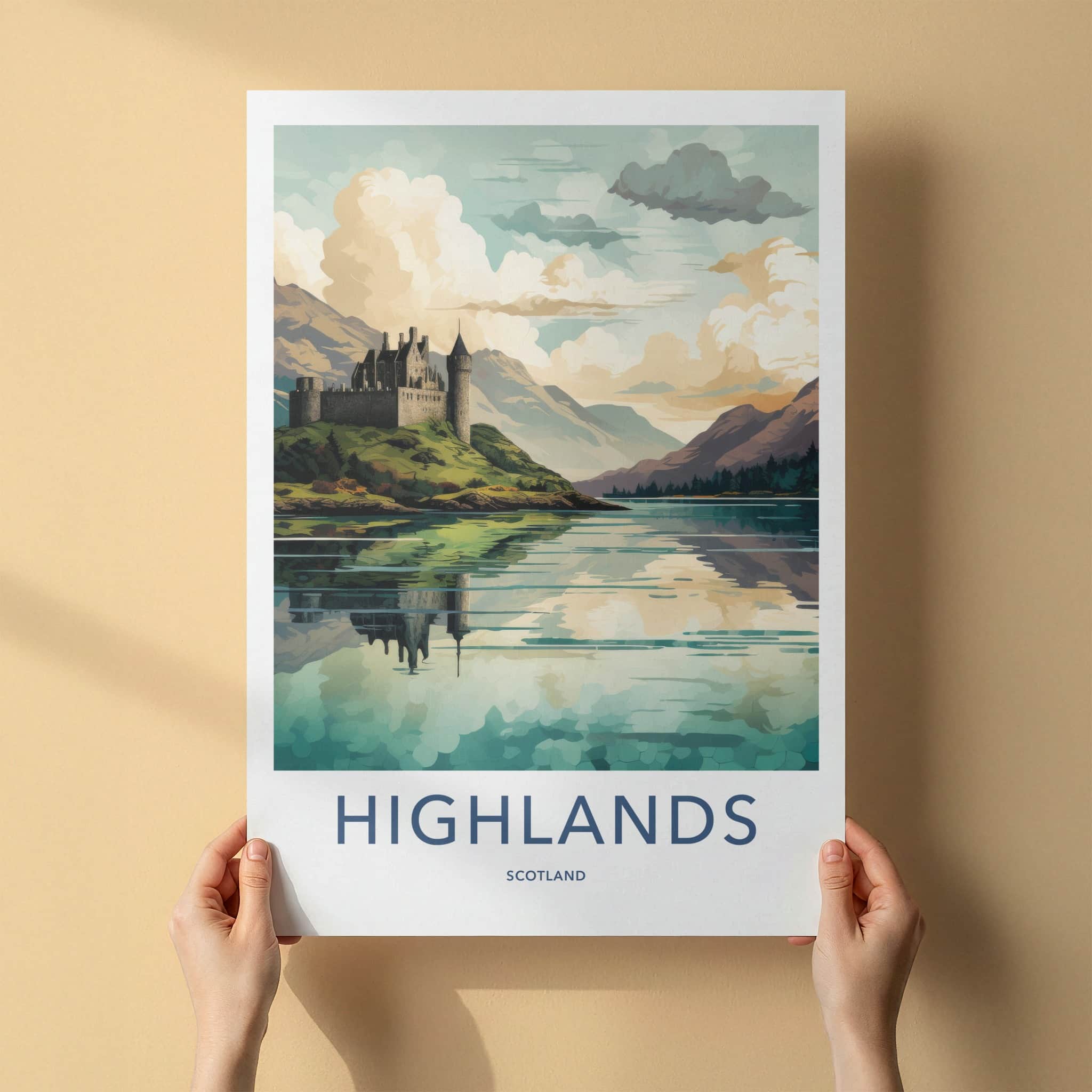 Highlands Poster - Scotland Travel Art - Historic Castle Reflection Home Decor