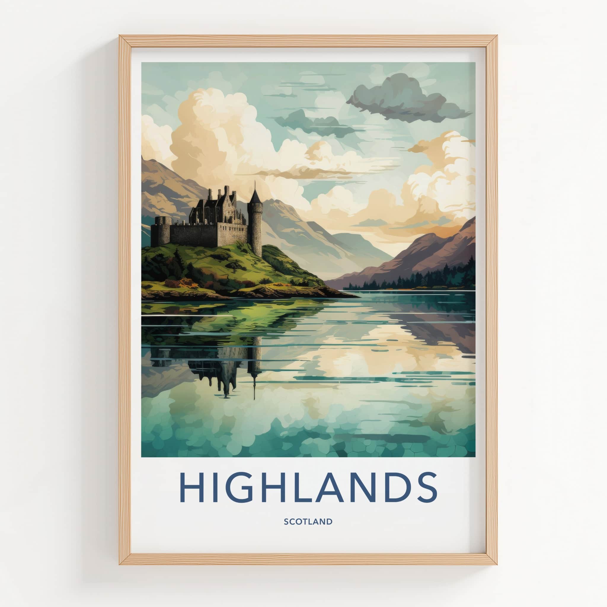 Highlands Poster - Scotland Travel Art - Historic Castle Reflection Home Decor