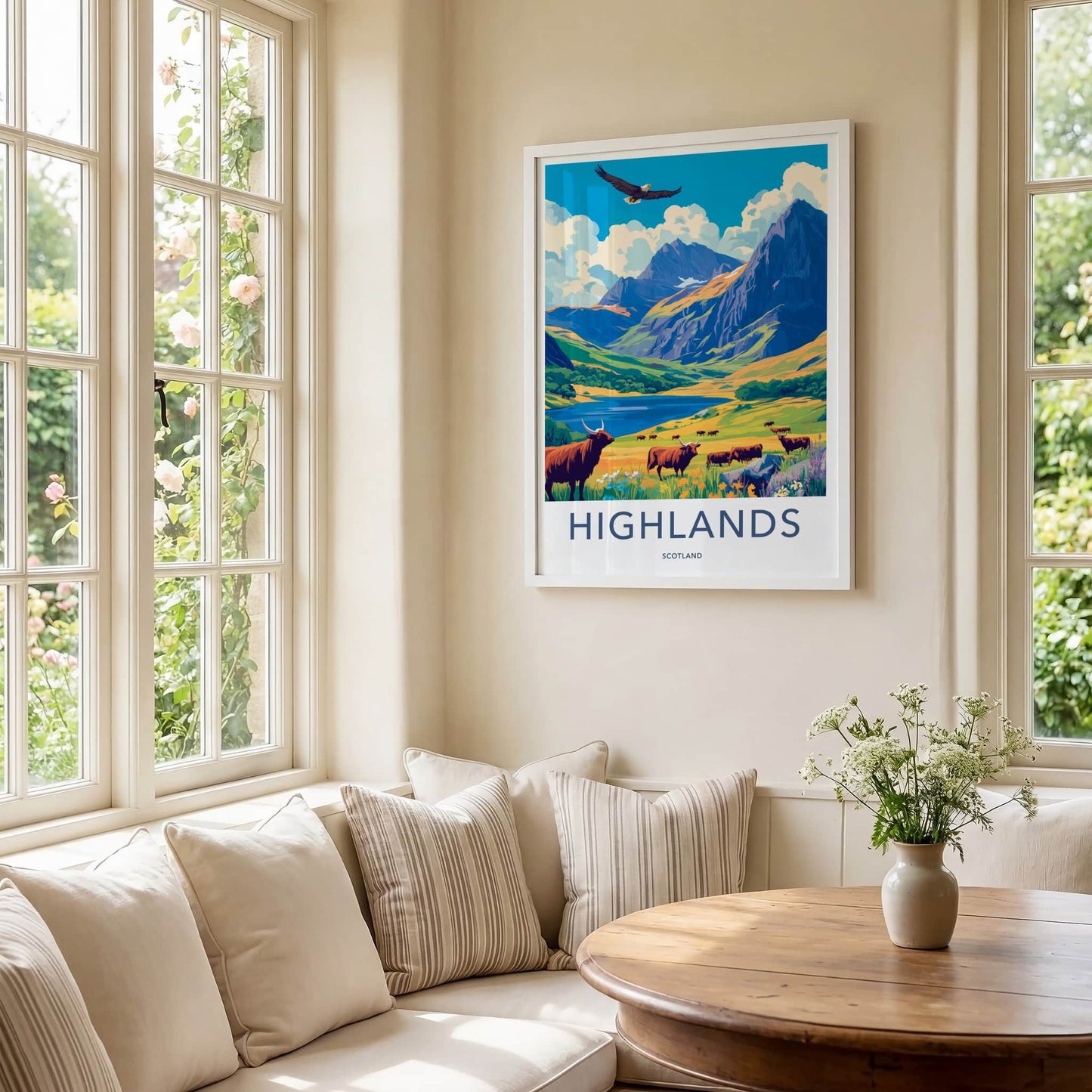 Highlands Poster - Scotland Travel Art - Majestic Valley Cattle Home Decor
