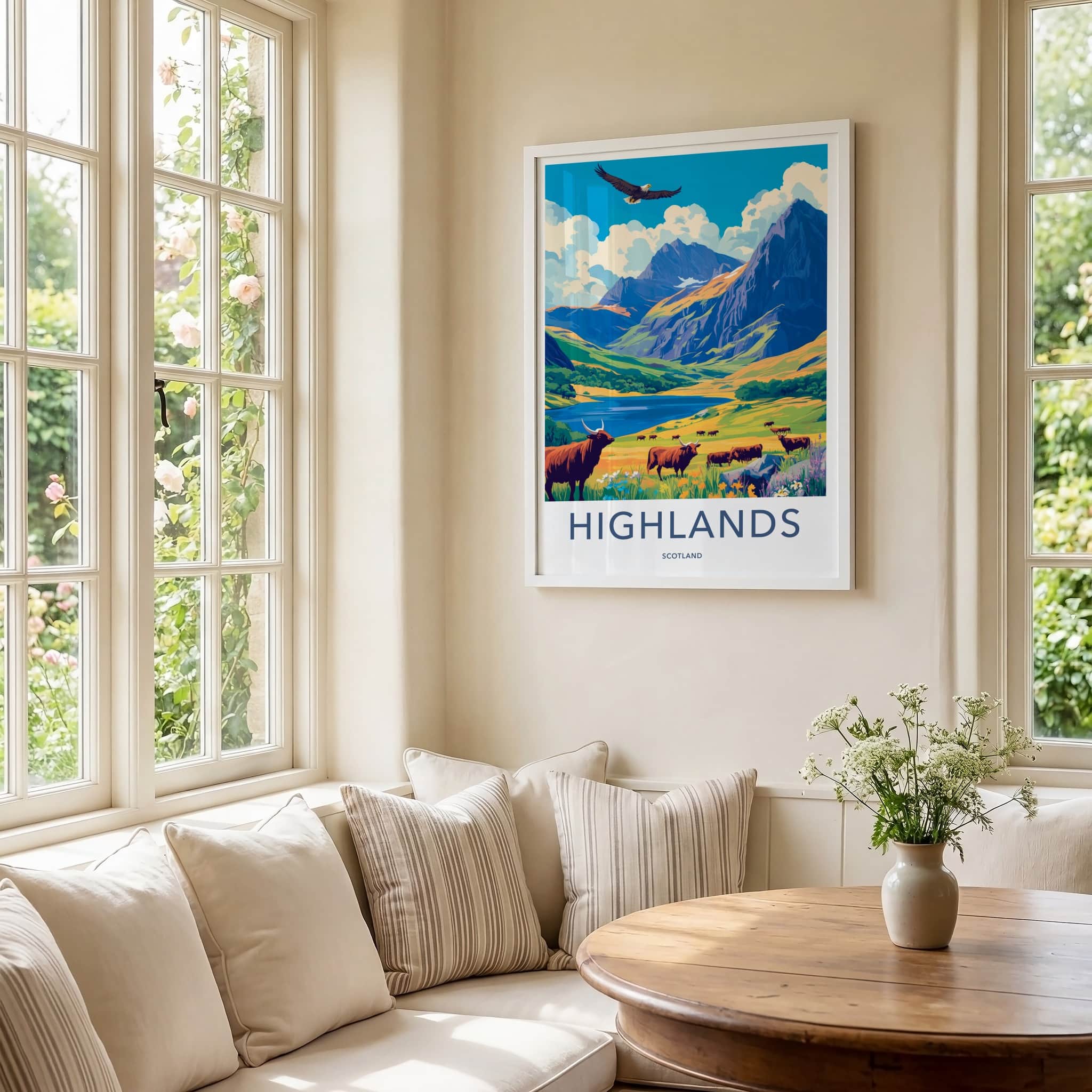 Highlands Poster - Scotland Travel Art - Majestic Valley Cattle Home Decor