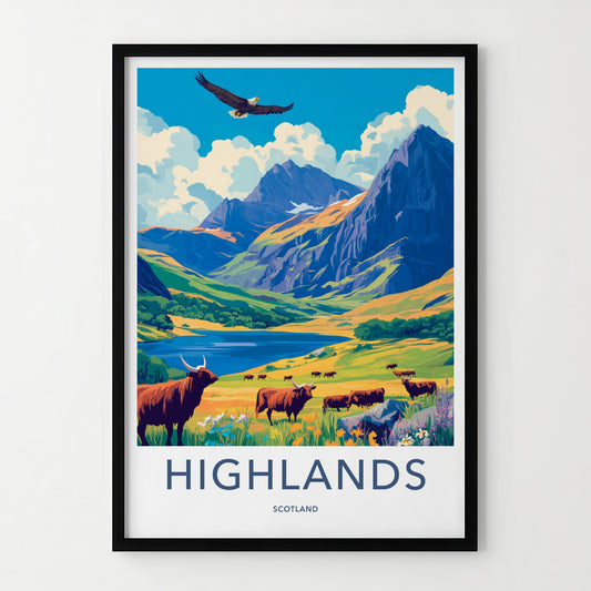 Highlands Poster - Scotland Travel Art - Majestic Valley Cattle Home Decor