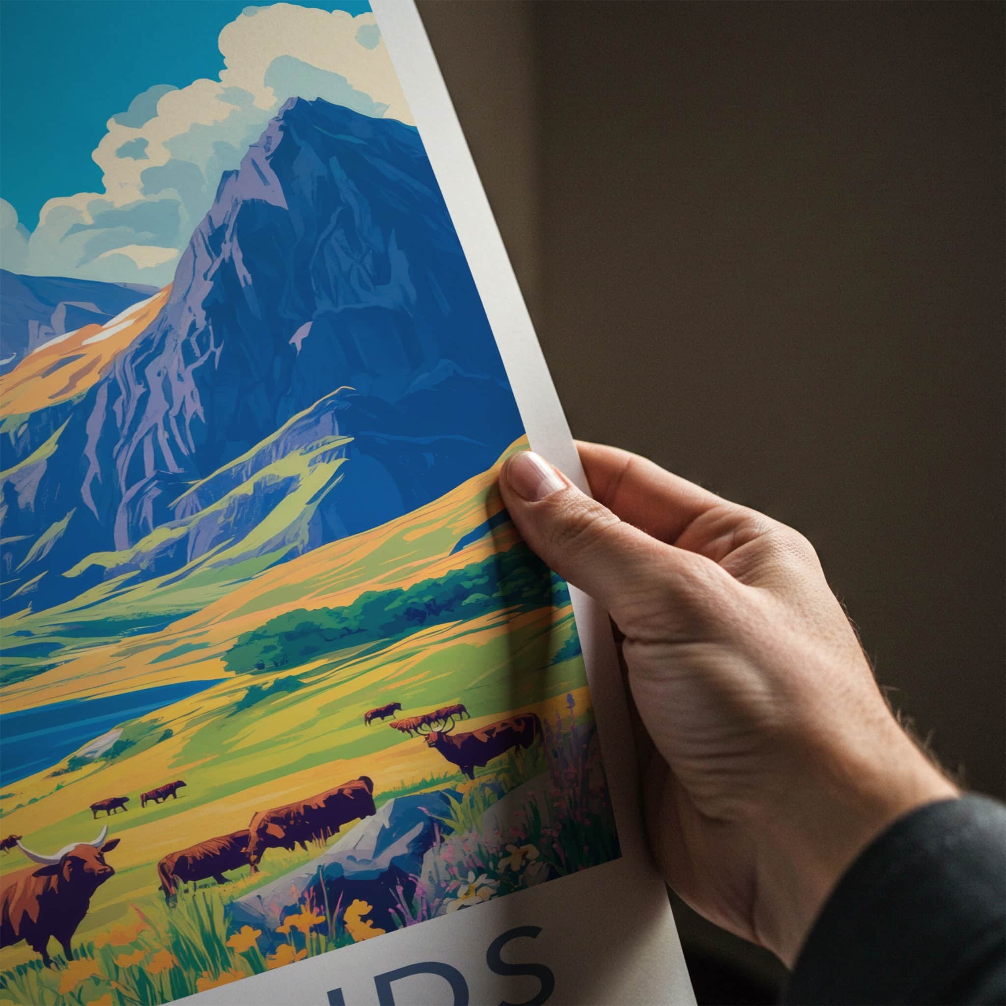 Highlands Poster - Scotland Travel Art - Majestic Valley Cattle Home Decor