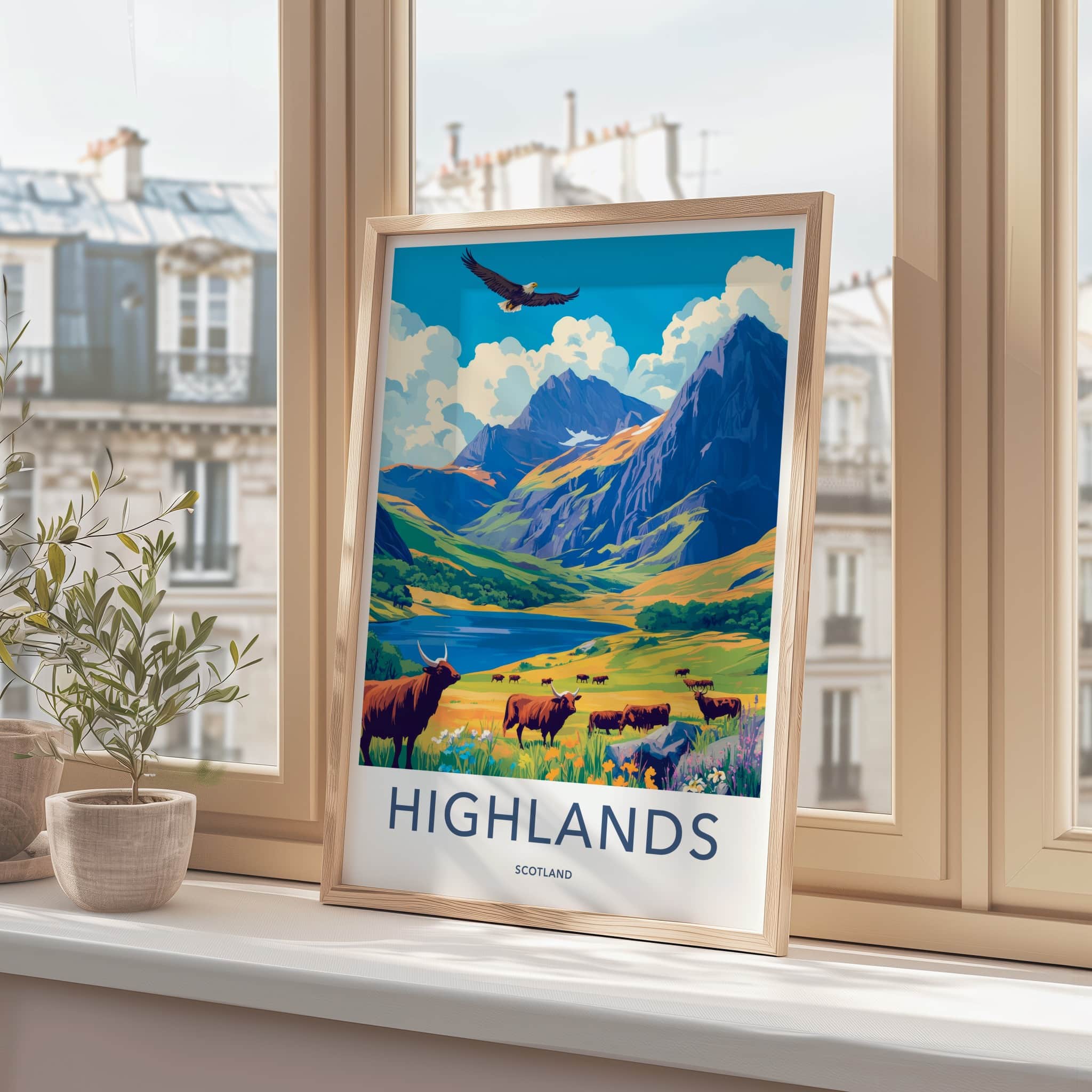 Highlands Poster - Scotland Travel Art - Majestic Valley Cattle Home Decor