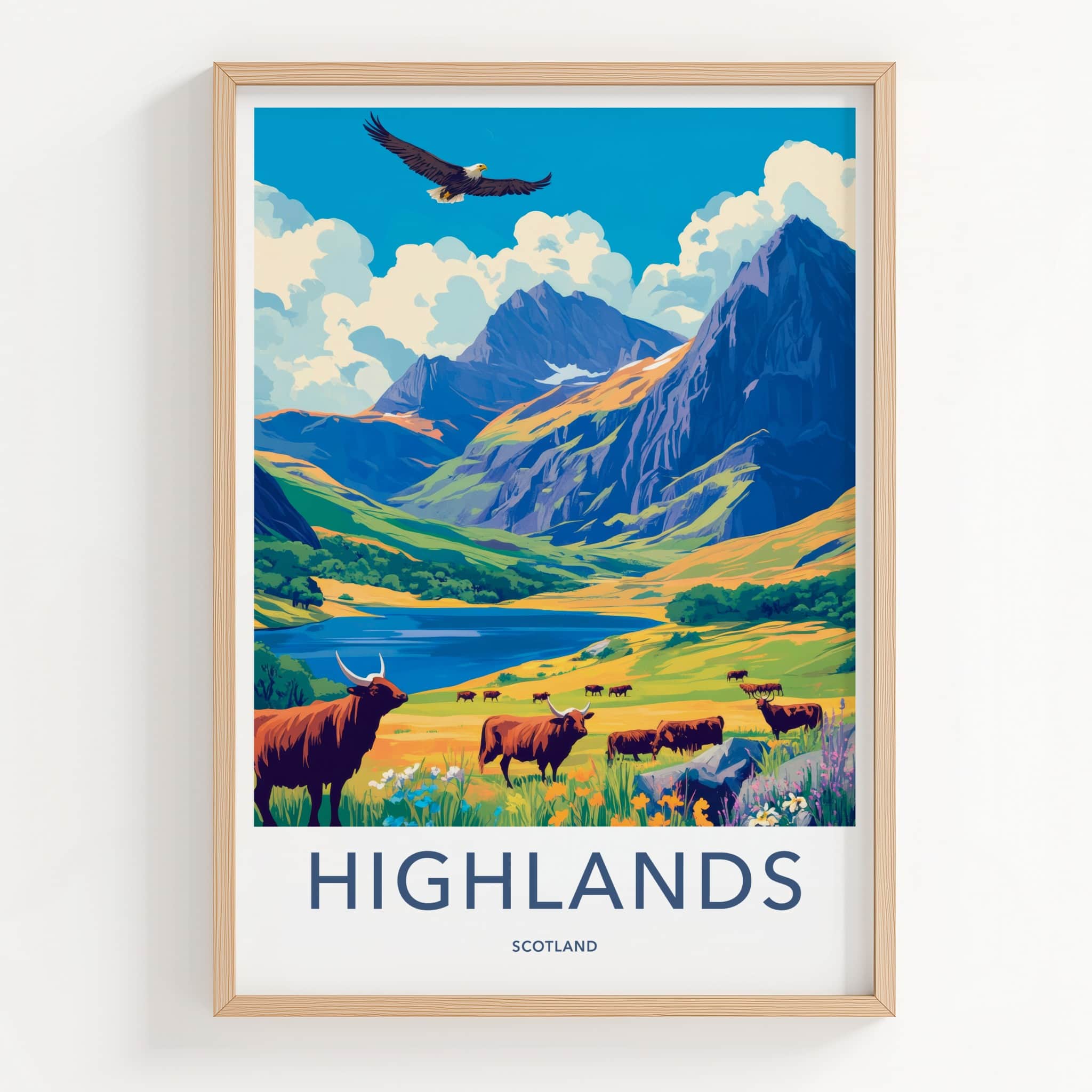 Highlands Poster - Scotland Travel Art - Majestic Valley Cattle Home Decor