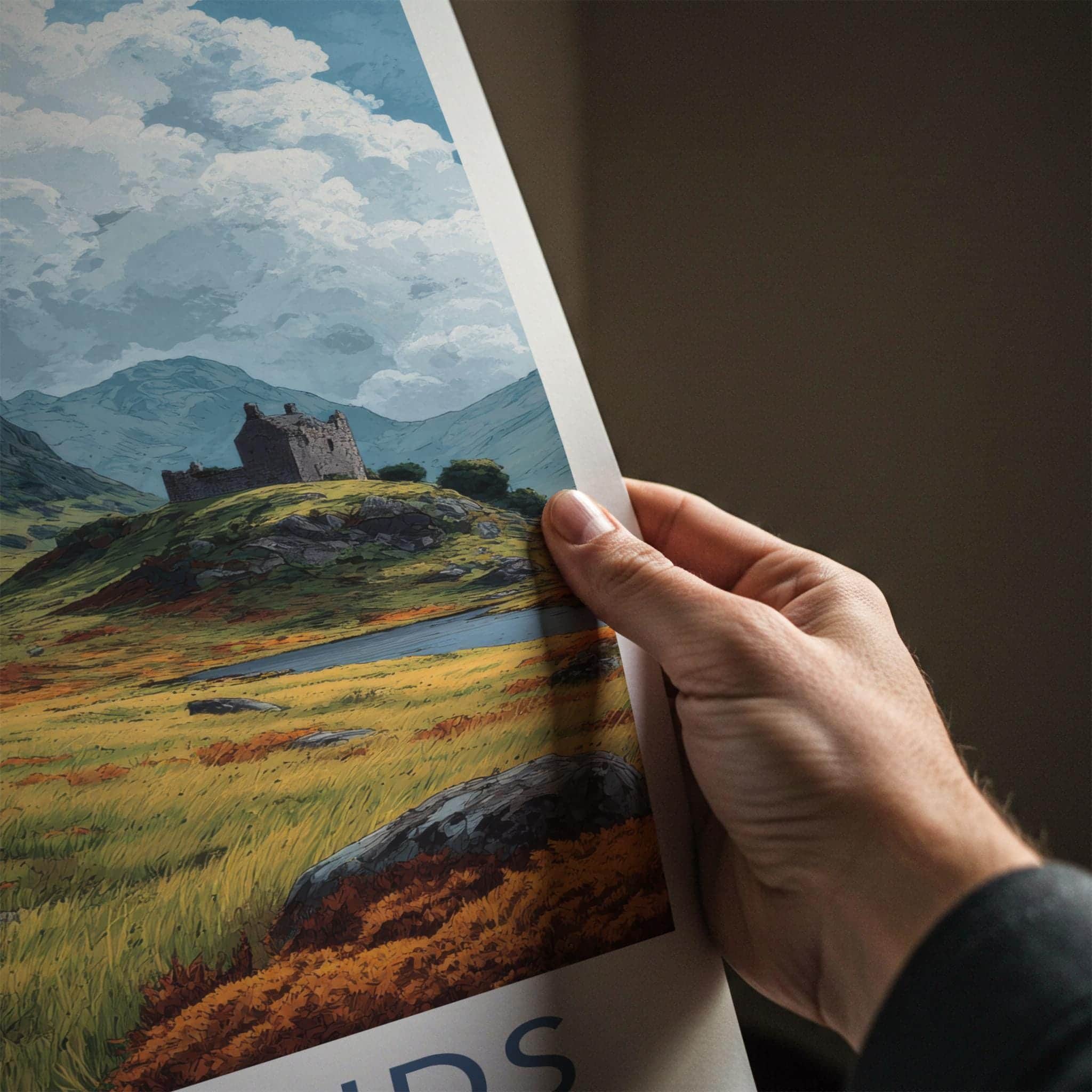 Highlands Poster - Scotland Travel Print - Lochside Castle Ruin Home Decor